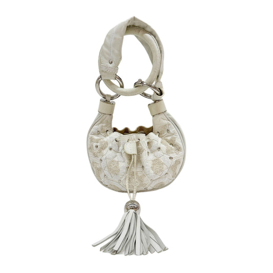 Drawstring White Beaded & Embroidered Leather Two Way Bracelet Bag