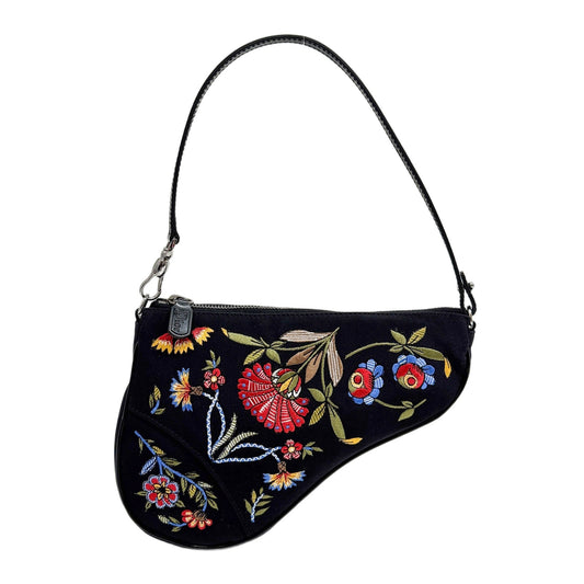 Saddle Pouch Floral Embroidered Black Nylon Shoulder Bag