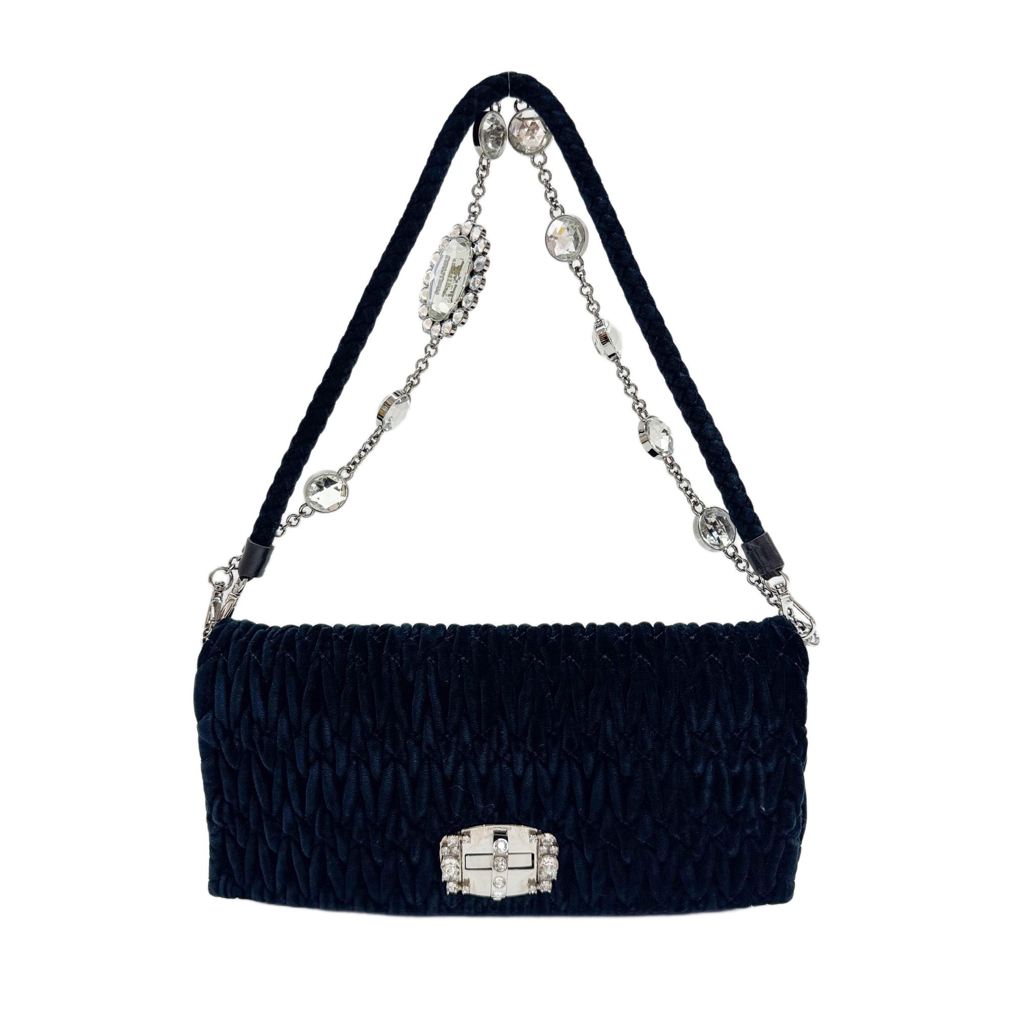 Matelasse Black Velour Crystal Clasp Shoulder Bag