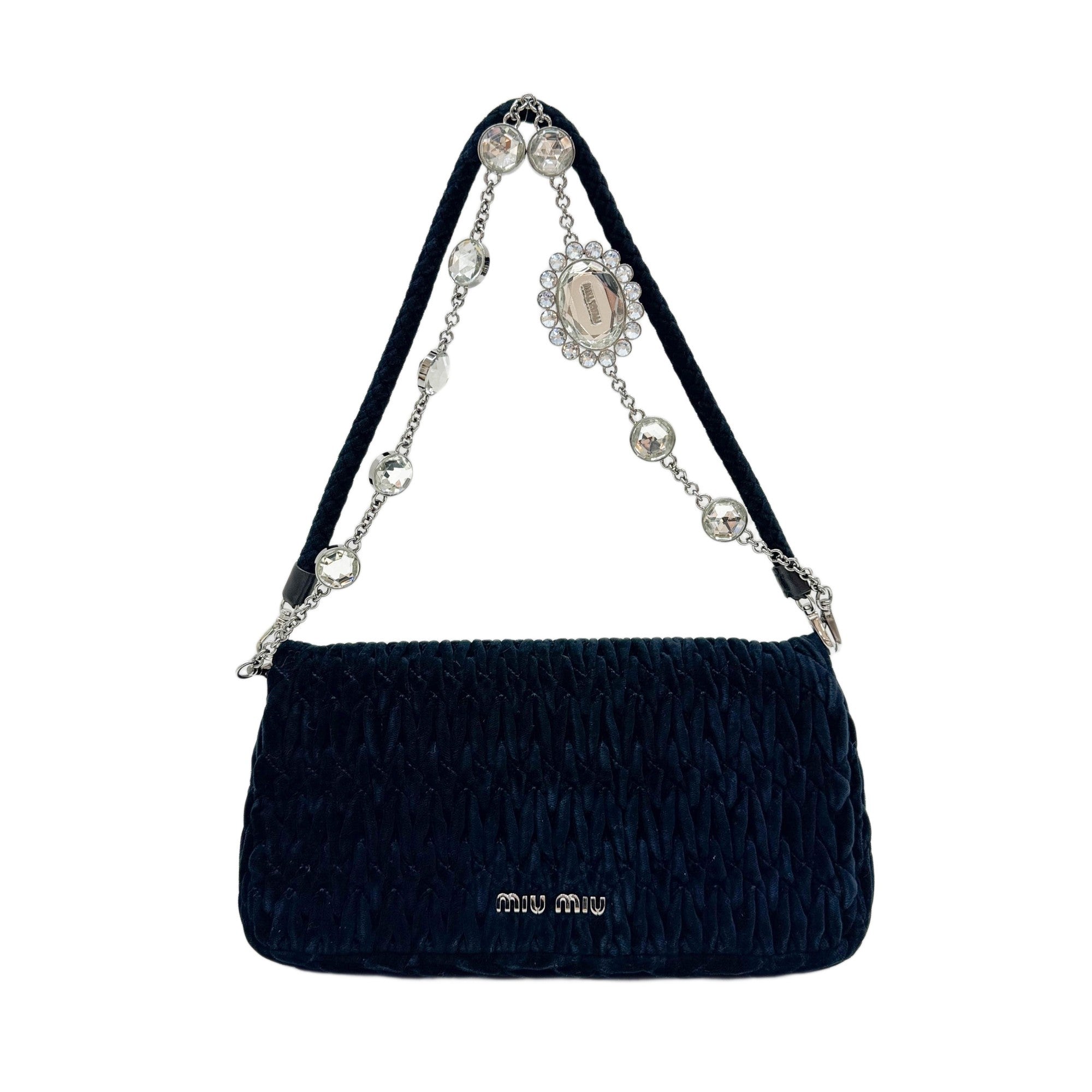 Matelasse Black Velour Crystal Clasp Shoulder Bag