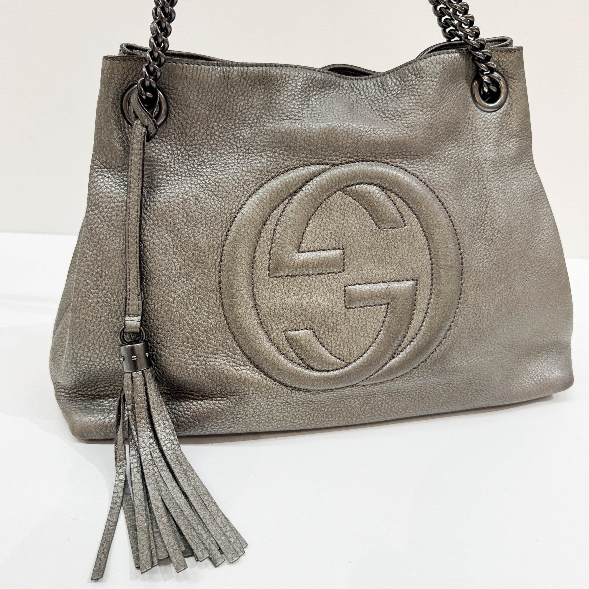 Soho Silver Leather Chain Tote Shoulder Bag