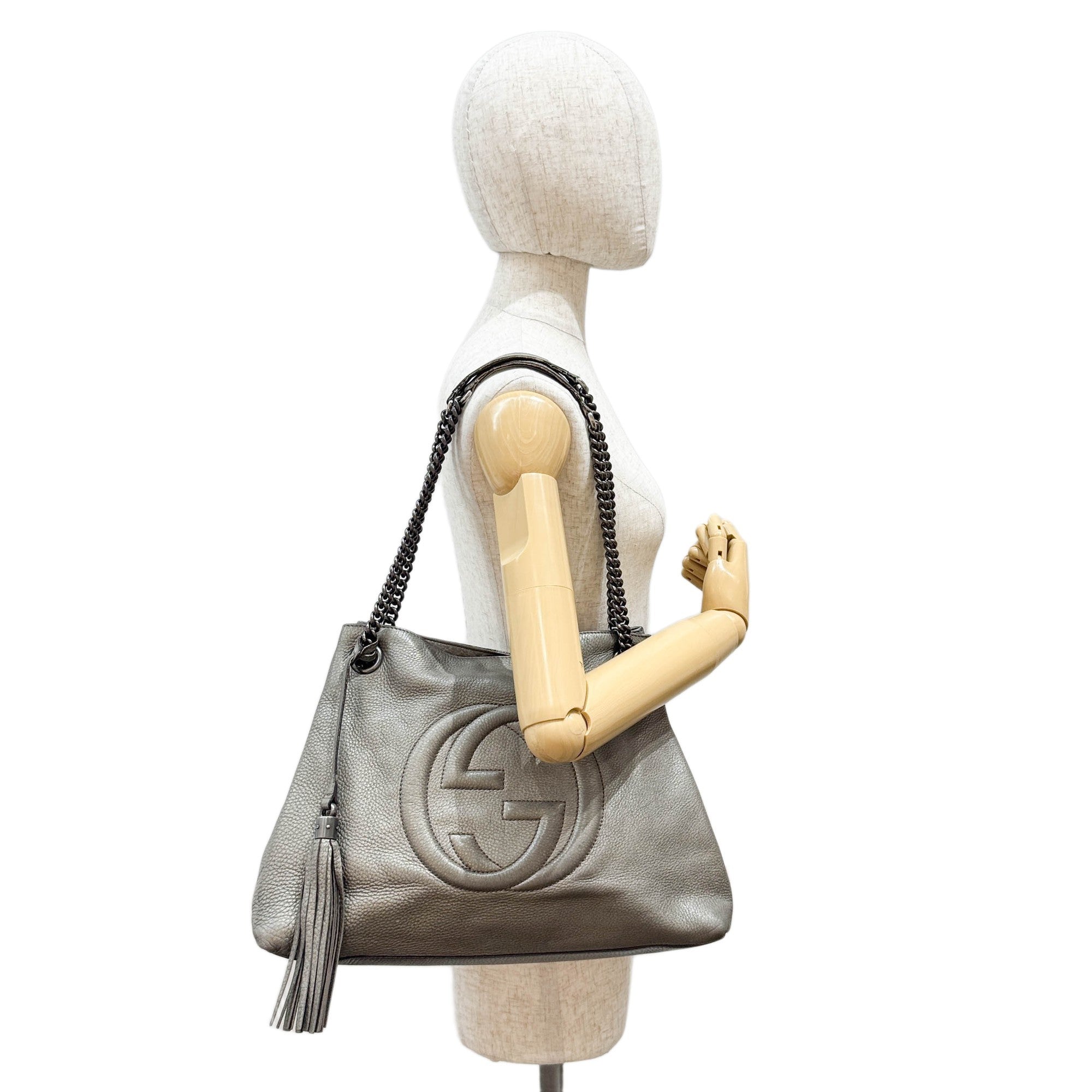 Soho Silver Leather Chain Tote Shoulder Bag