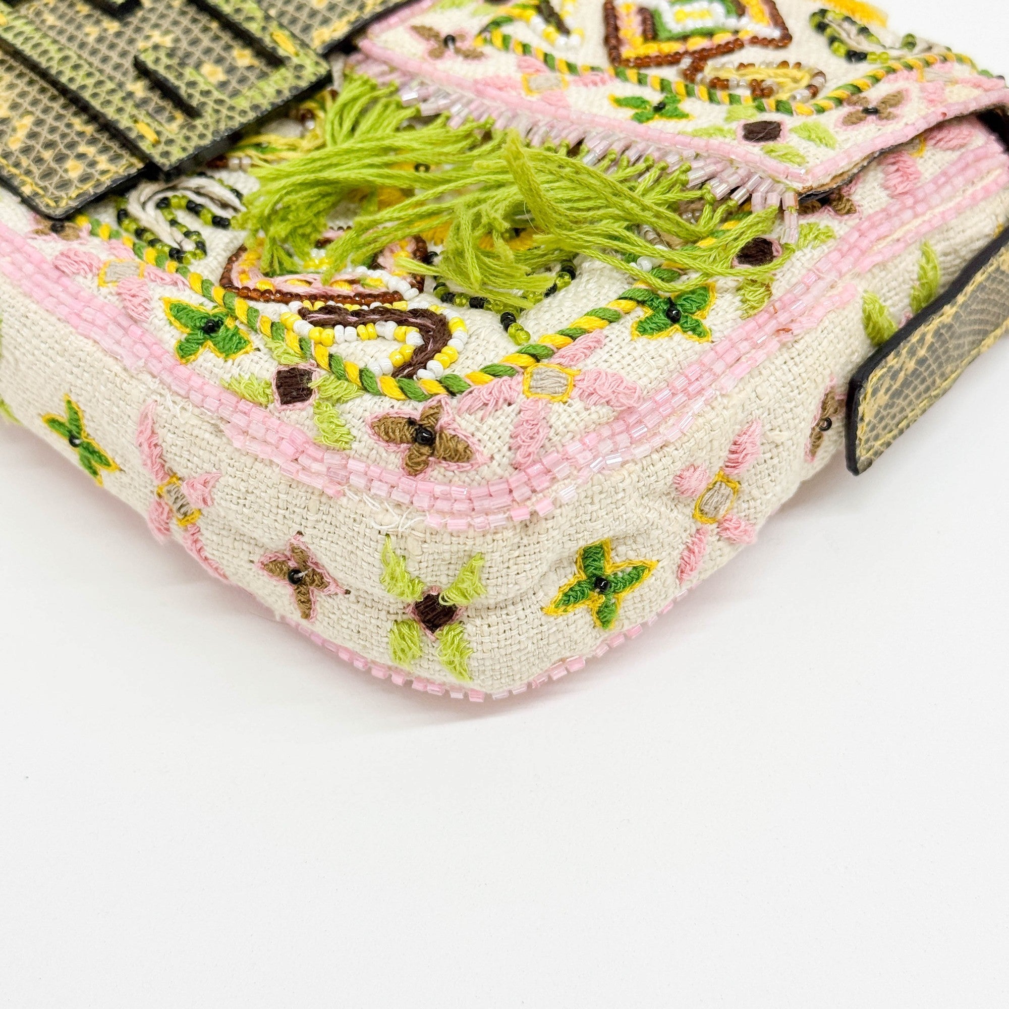 Baguette Fringe Embroidered & Beaded Beige Canvas Shoulder Bag