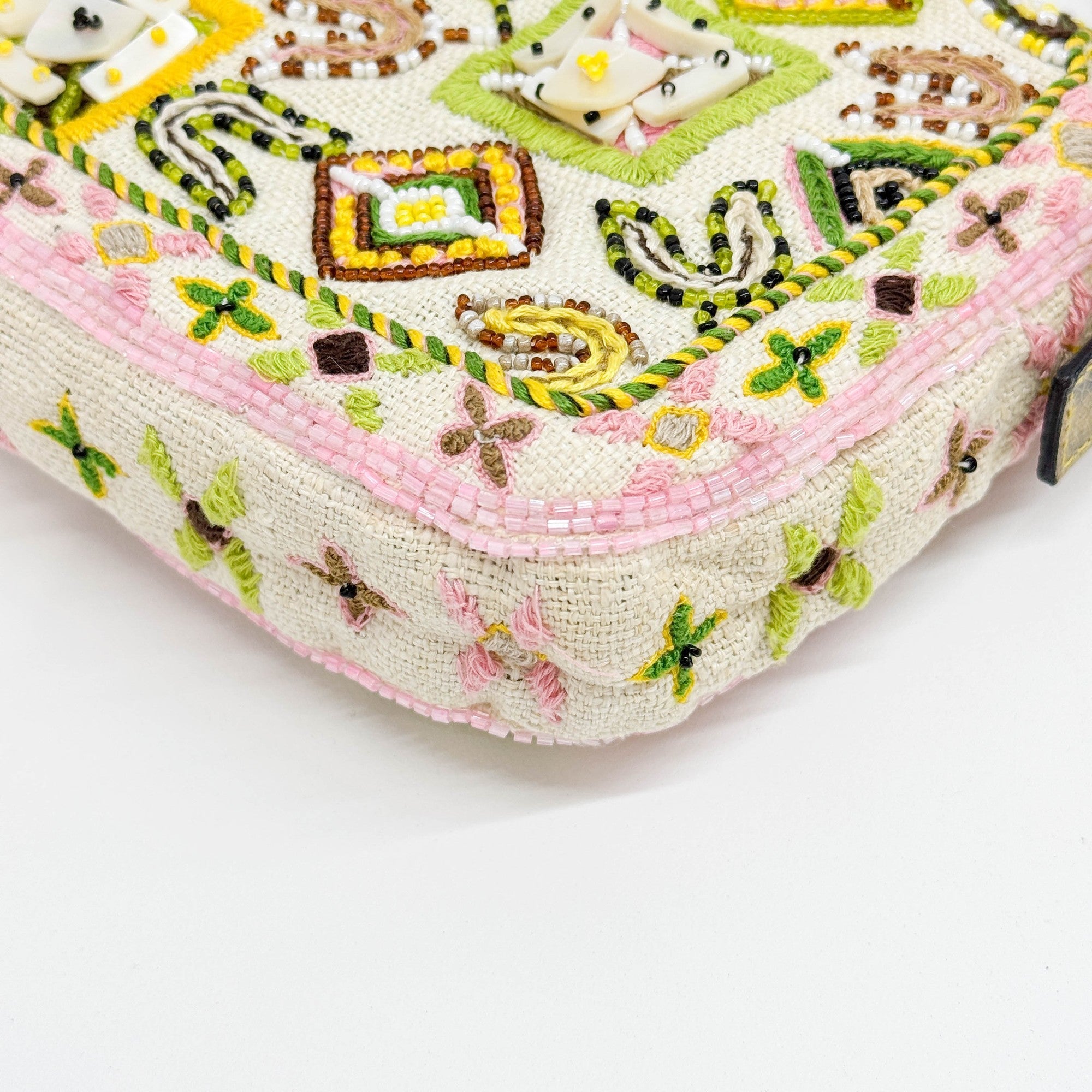 Baguette Fringe Embroidered & Beaded Beige Canvas Shoulder Bag