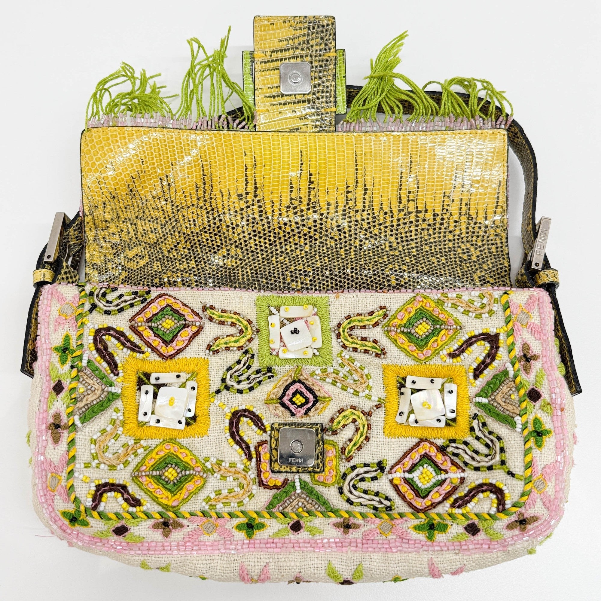 Baguette Fringe Embroidered & Beaded Beige Canvas Shoulder Bag