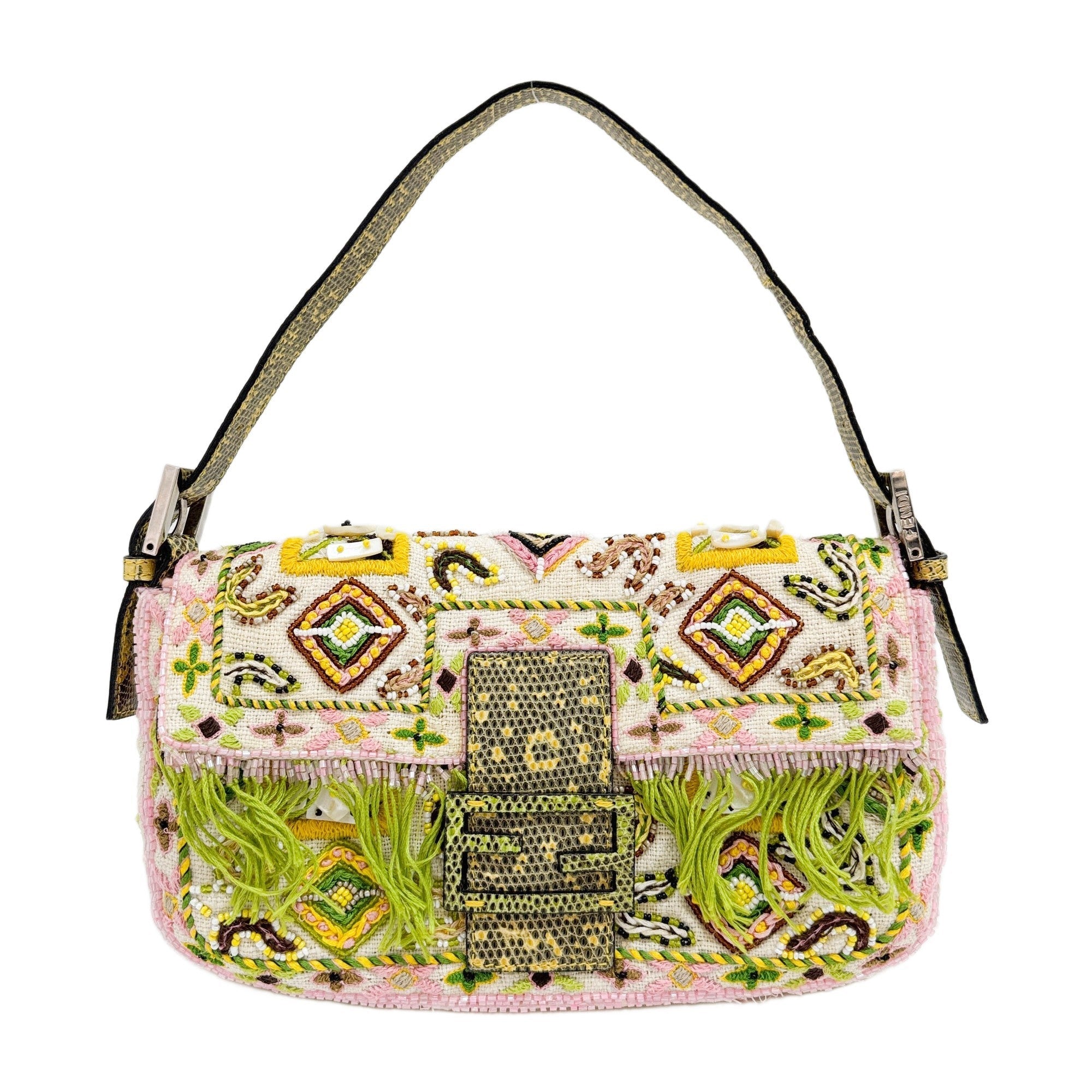 Baguette Fringe Embroidered & Beaded Beige Canvas Shoulder Bag