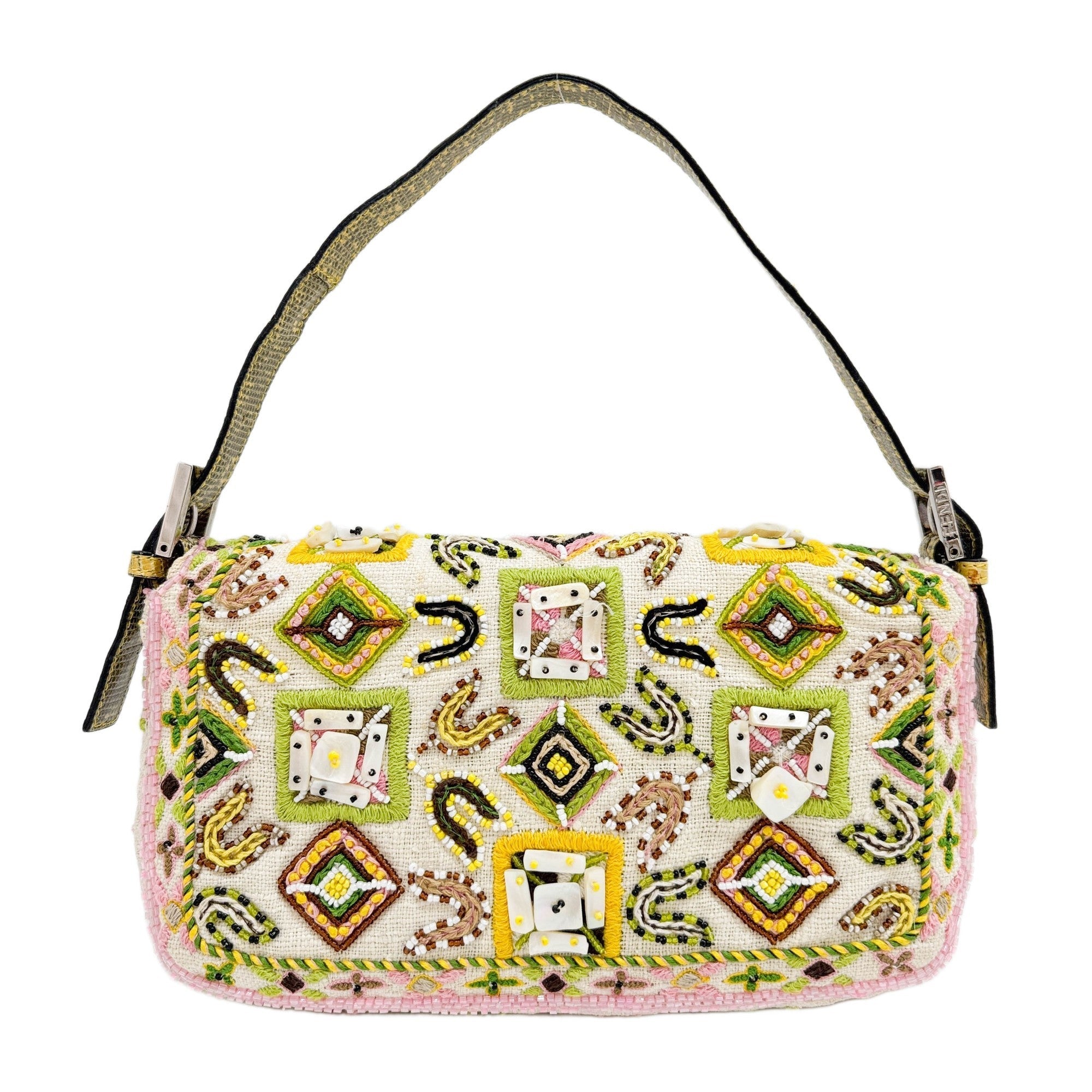 Baguette Fringe Embroidered & Beaded Beige Canvas Shoulder Bag