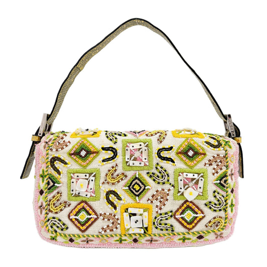 Baguette Fringe Embroidered & Beaded Beige Canvas Shoulder Bag