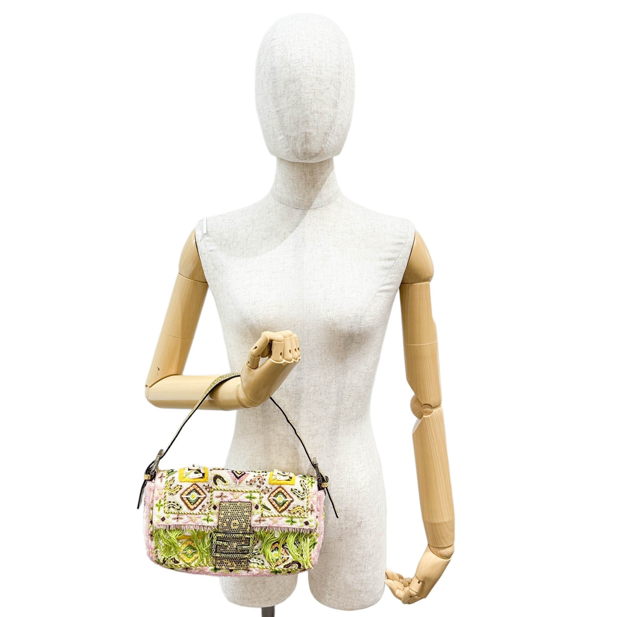 Baguette Fringe Embroidered & Beaded Beige Canvas Shoulder Bag