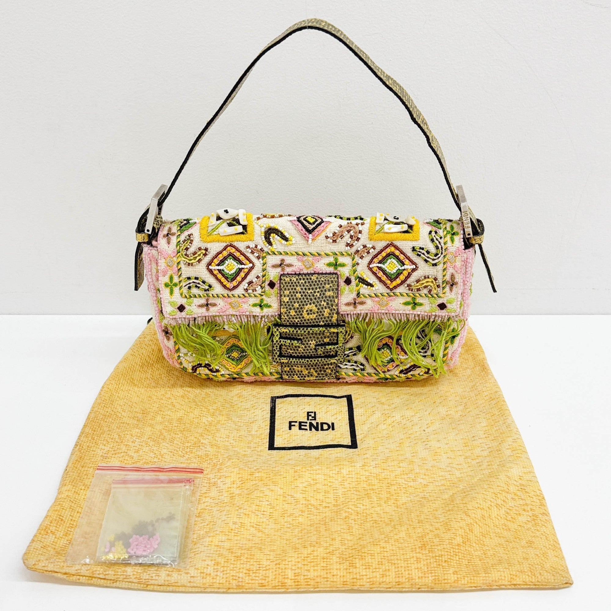 Baguette Fringe Embroidered & Beaded Beige Canvas Shoulder Bag