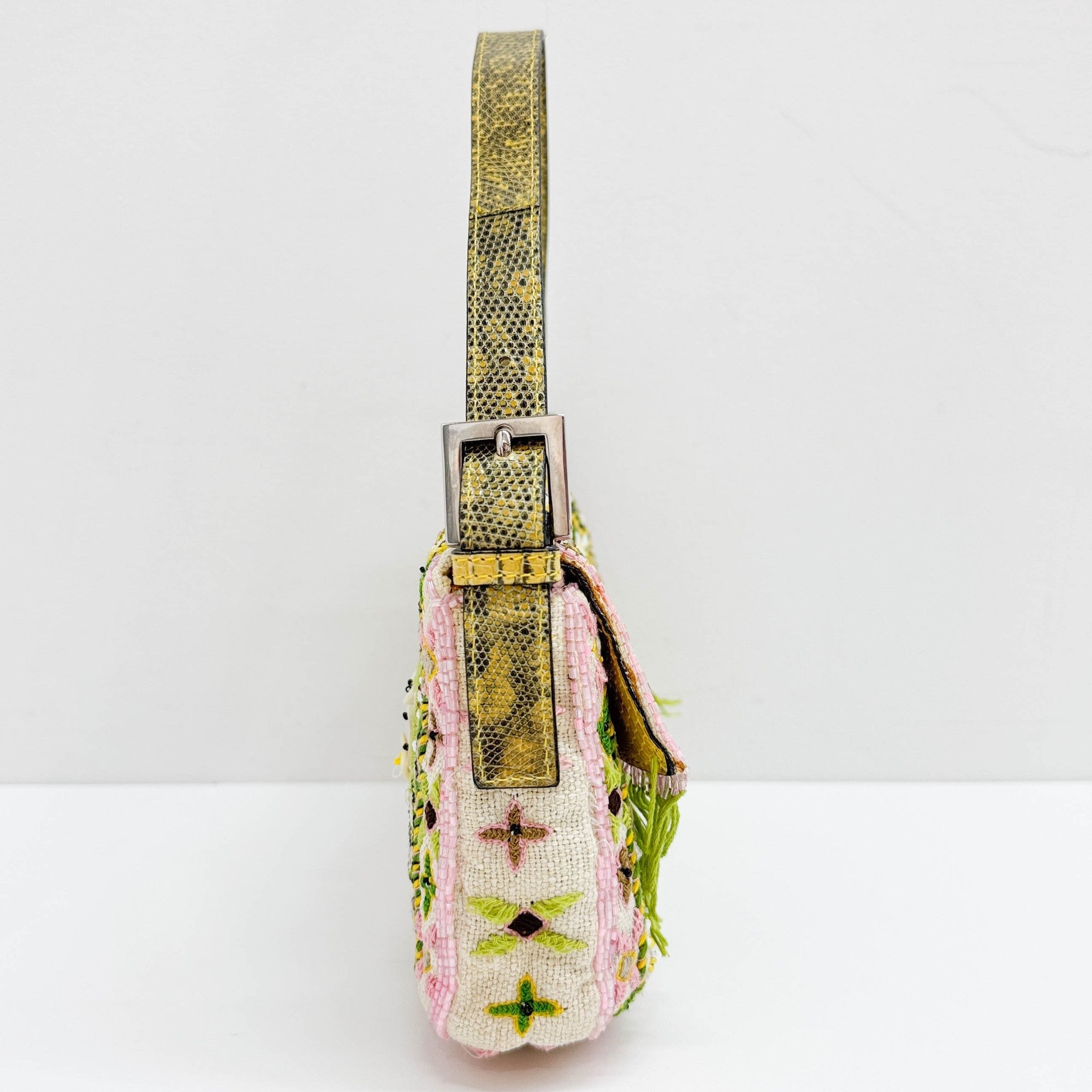 Baguette Fringe Embroidered & Beaded Beige Canvas Shoulder Bag