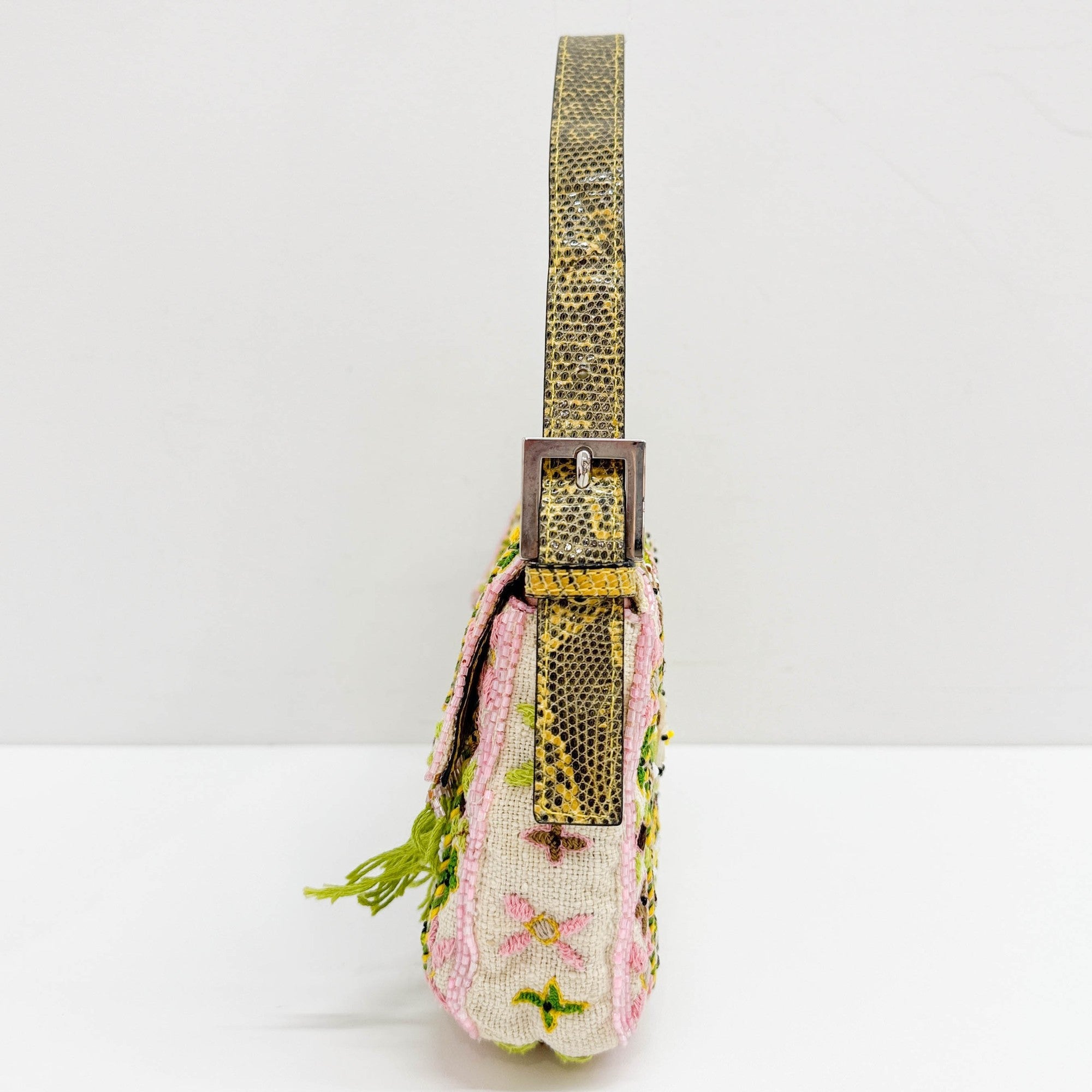 Baguette Fringe Embroidered & Beaded Beige Canvas Shoulder Bag