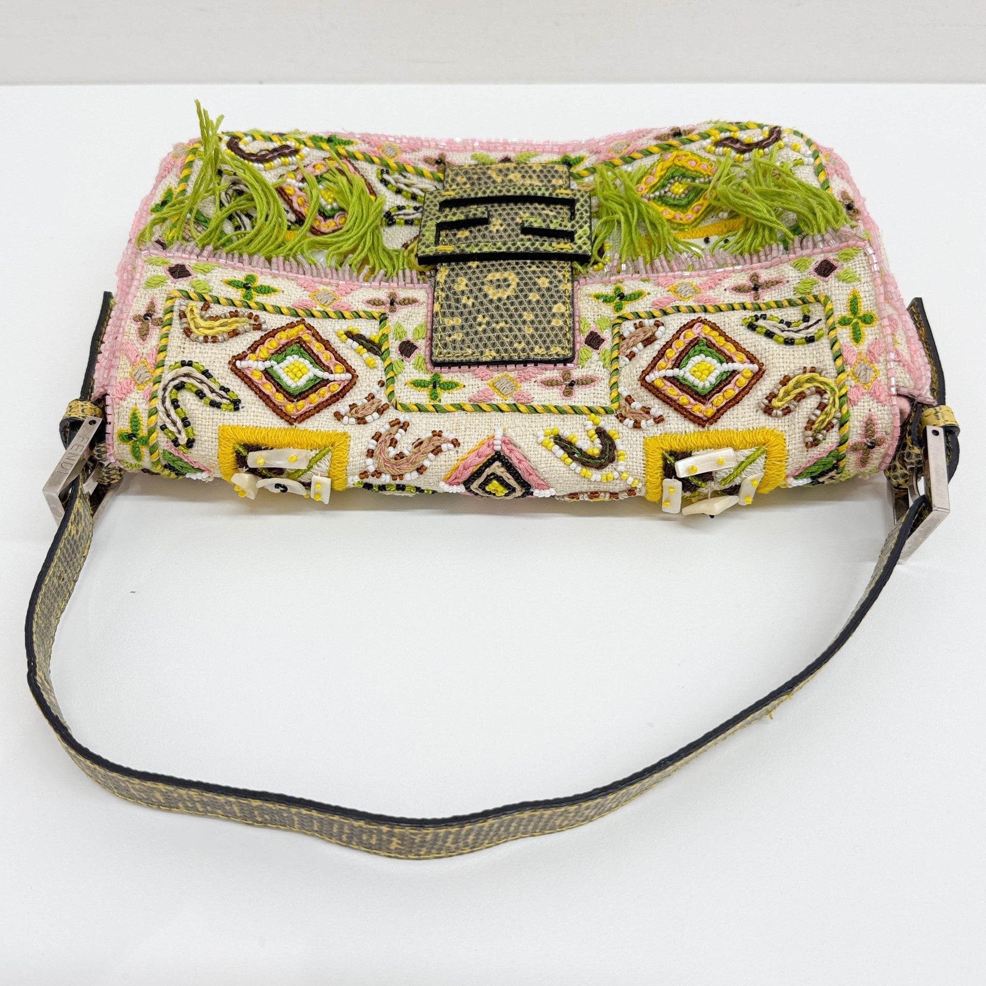 Baguette Fringe Embroidered & Beaded Beige Canvas Shoulder Bag