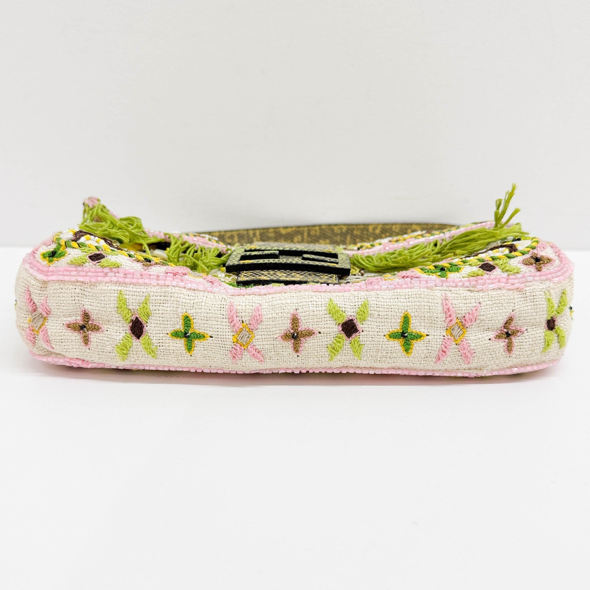 Baguette Fringe Embroidered & Beaded Beige Canvas Shoulder Bag