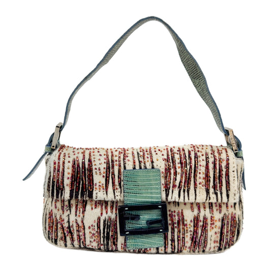 Baguette Beaded Black & White Animal Print Pony Hair Shoulder Bag