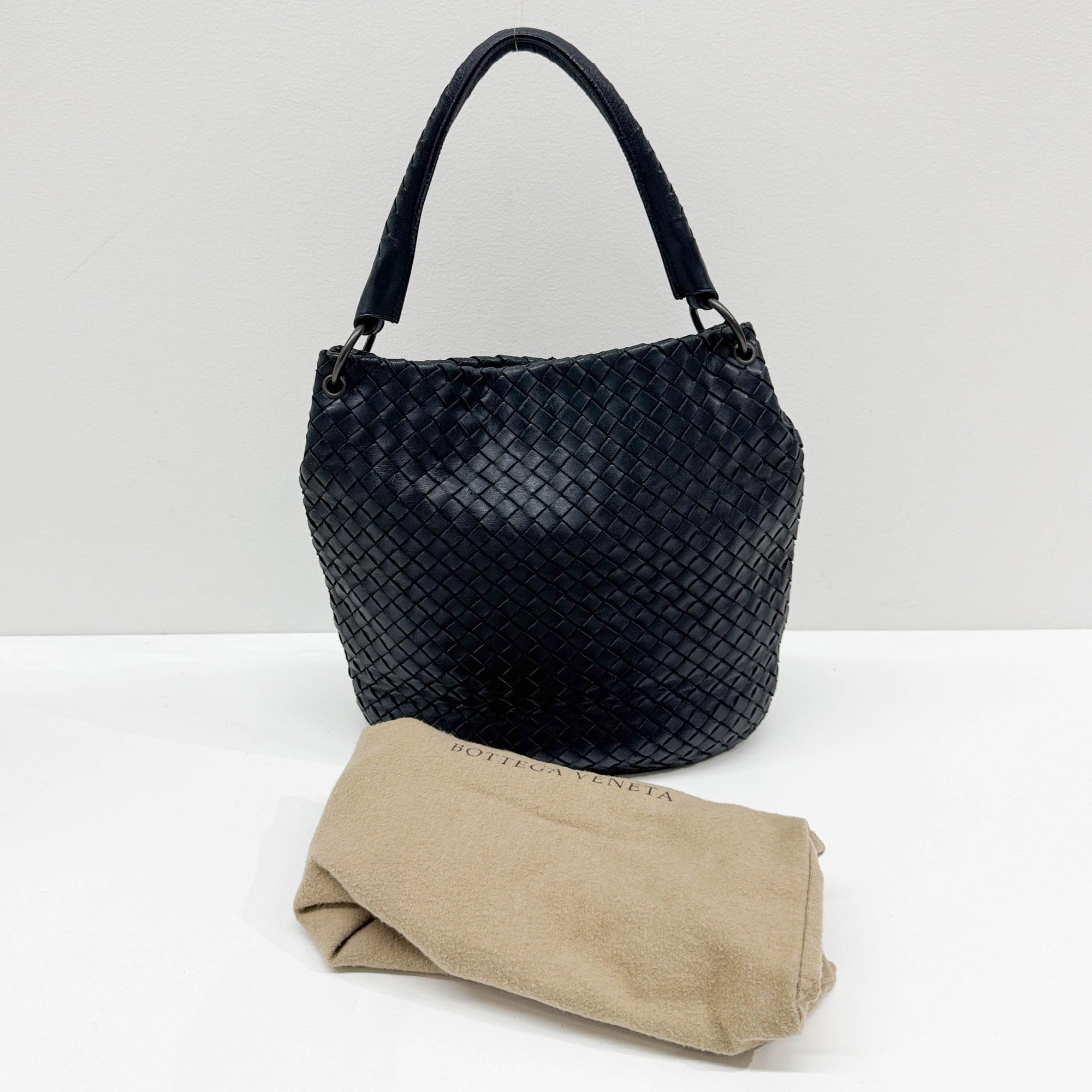 Intrecciato Black Leather Shoulder Bag