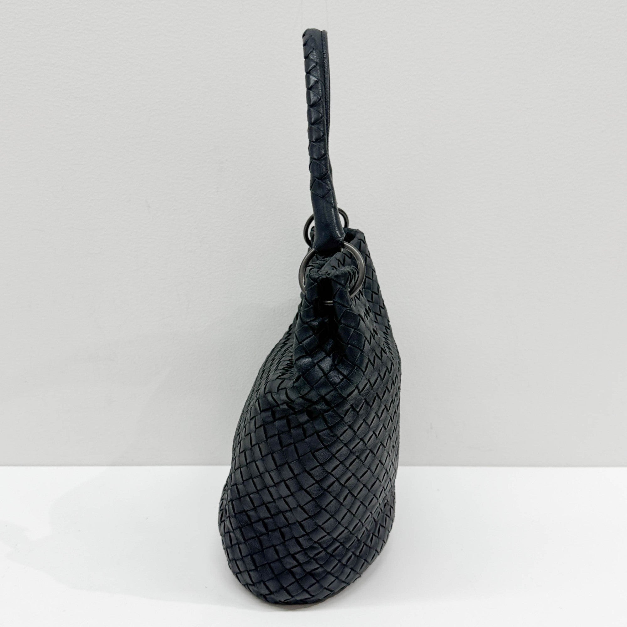 Intrecciato Black Leather Shoulder Bag