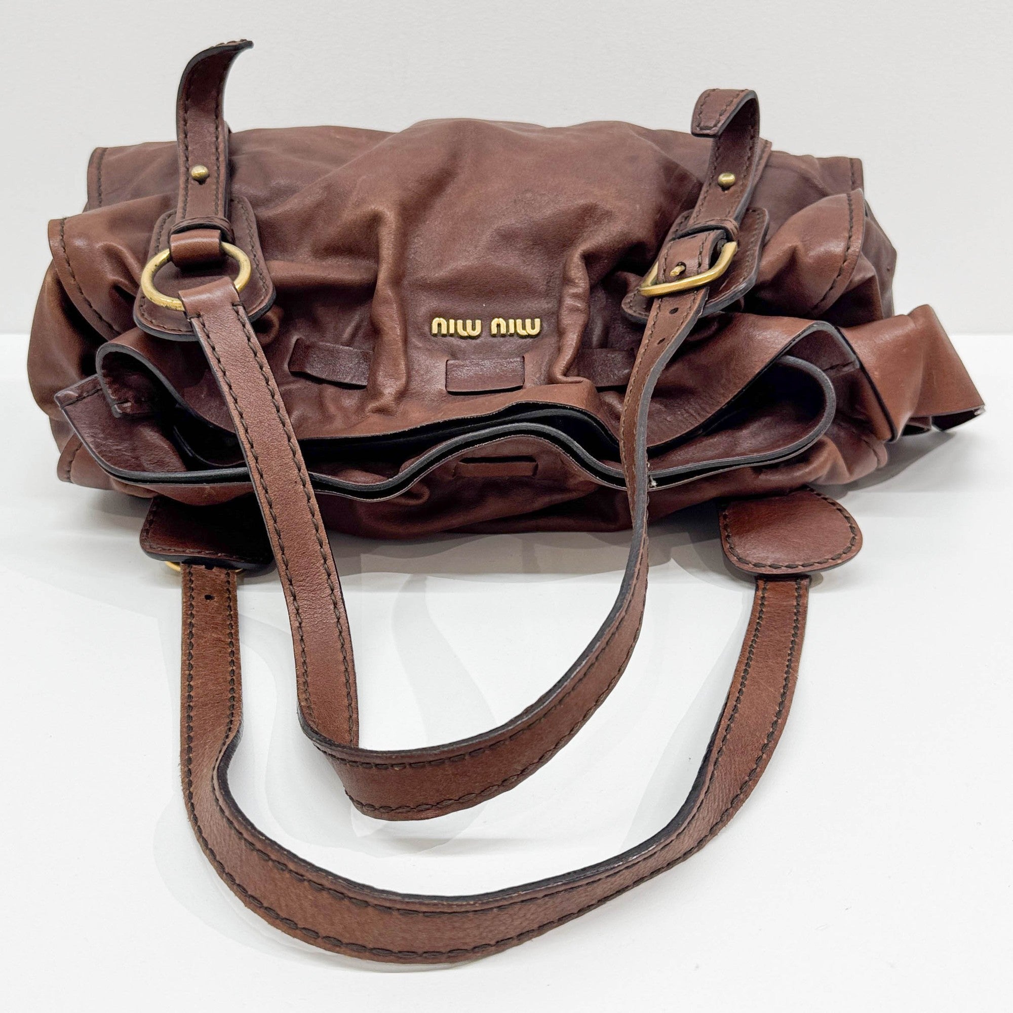 Vitello Lux Bow Brown Leather Shoulder Bag