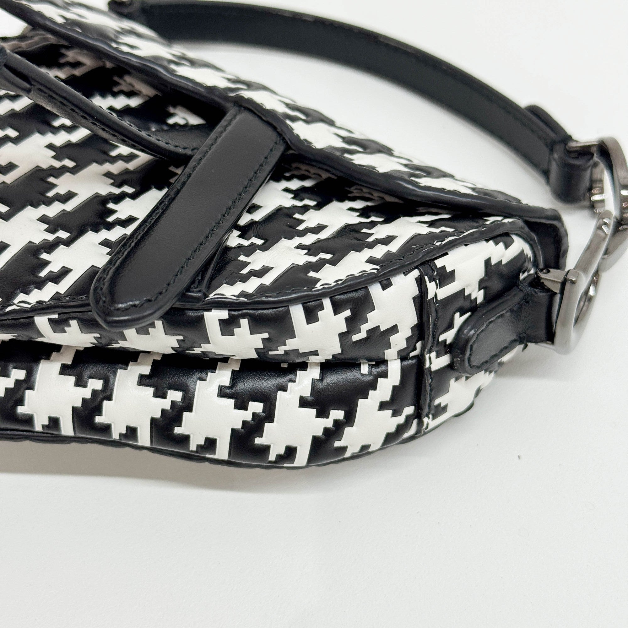 Nano Saddle Black & White Pixel Houndstooth Canvas Two Way Bag