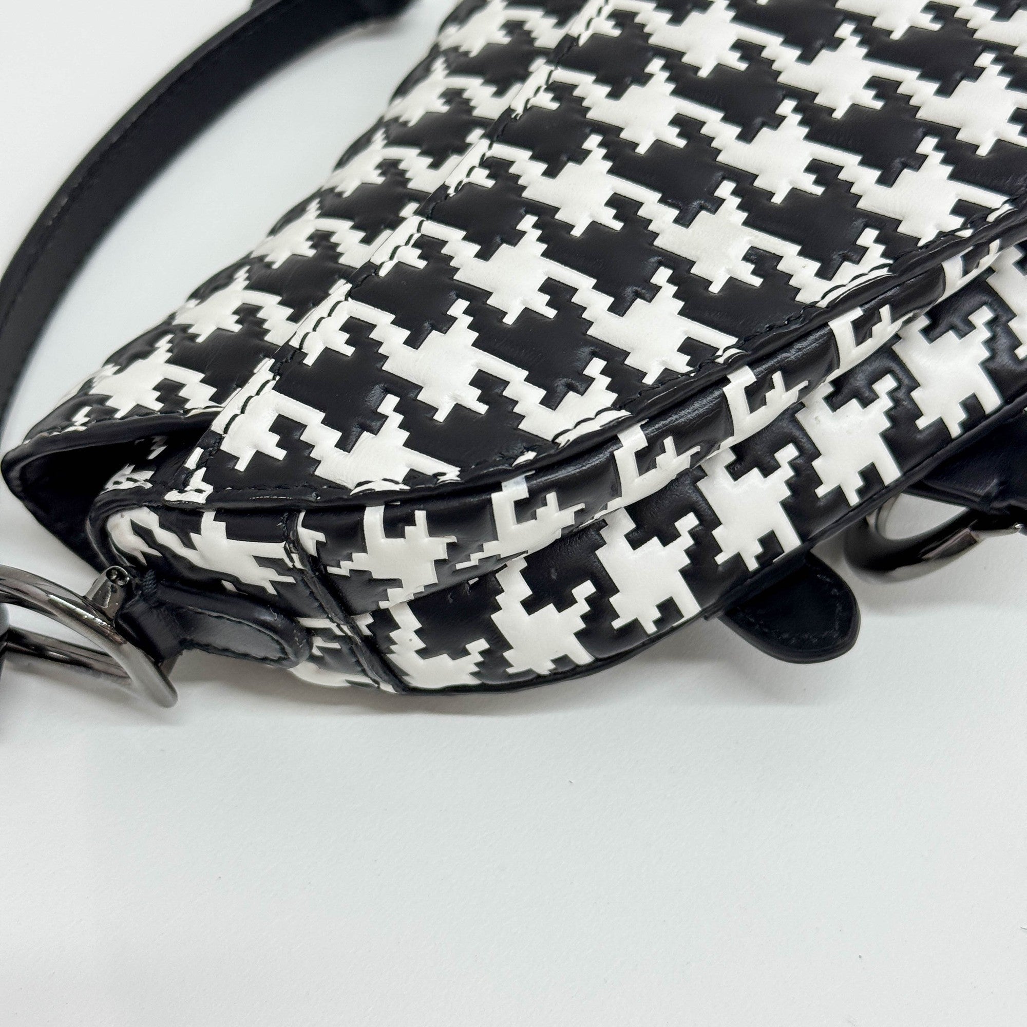 Nano Saddle Black & White Pixel Houndstooth Canvas Two Way Bag