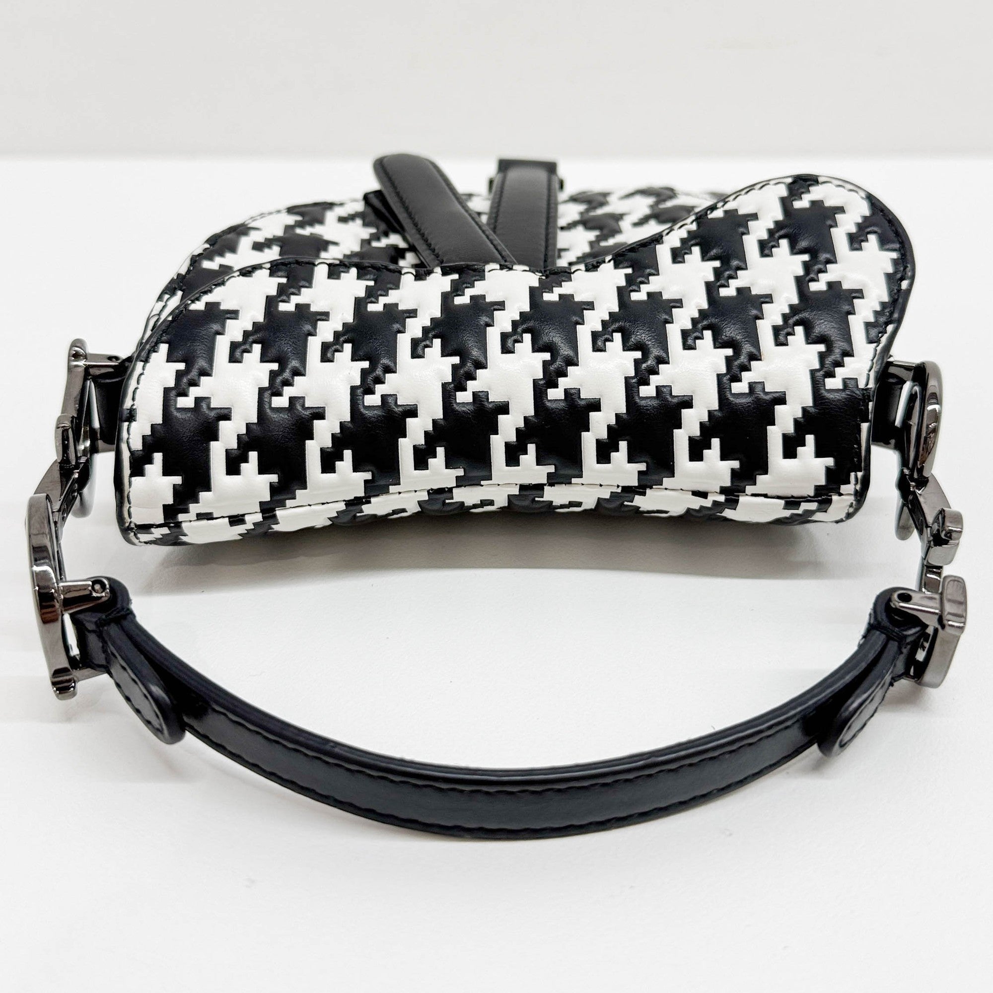 Nano Saddle Black & White Pixel Houndstooth Canvas Two Way Bag