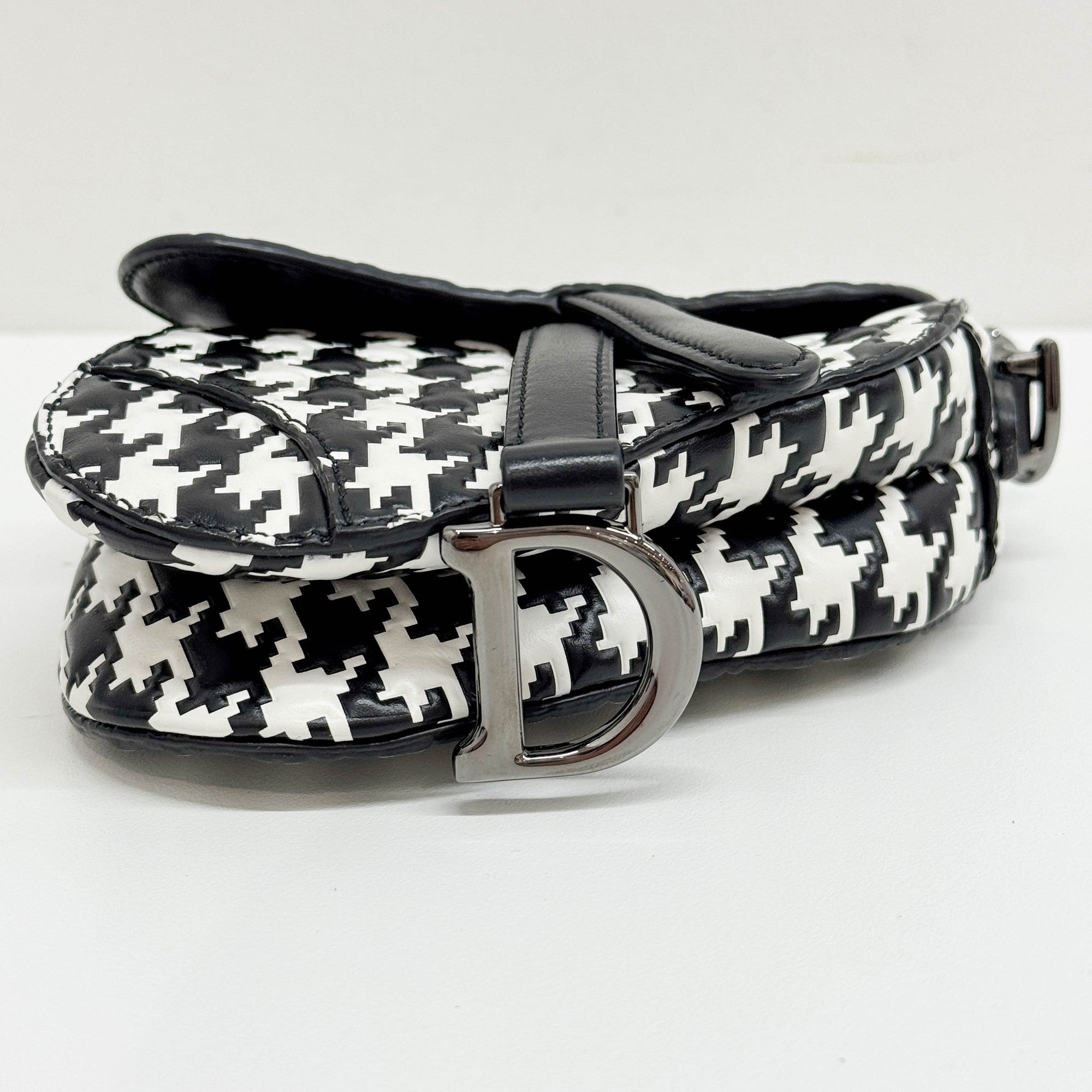 Nano Saddle Black & White Pixel Houndstooth Canvas Two Way Bag
