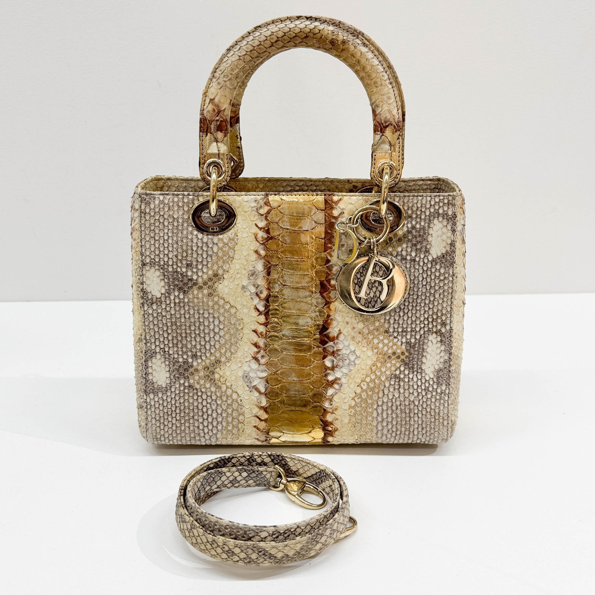 Lady Dior Gold Python Embossed Leather Two Way Bag