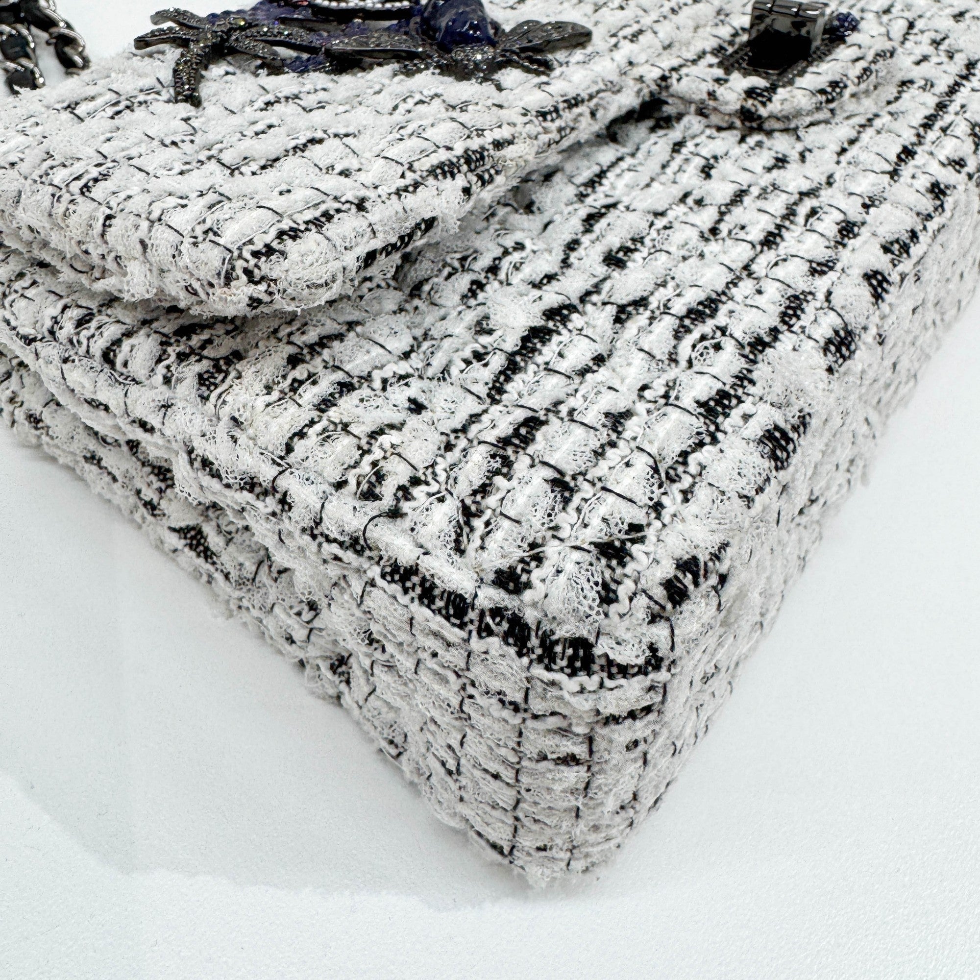 2.55 Double Flap Garden Decore White Tweed Shoulder Bag