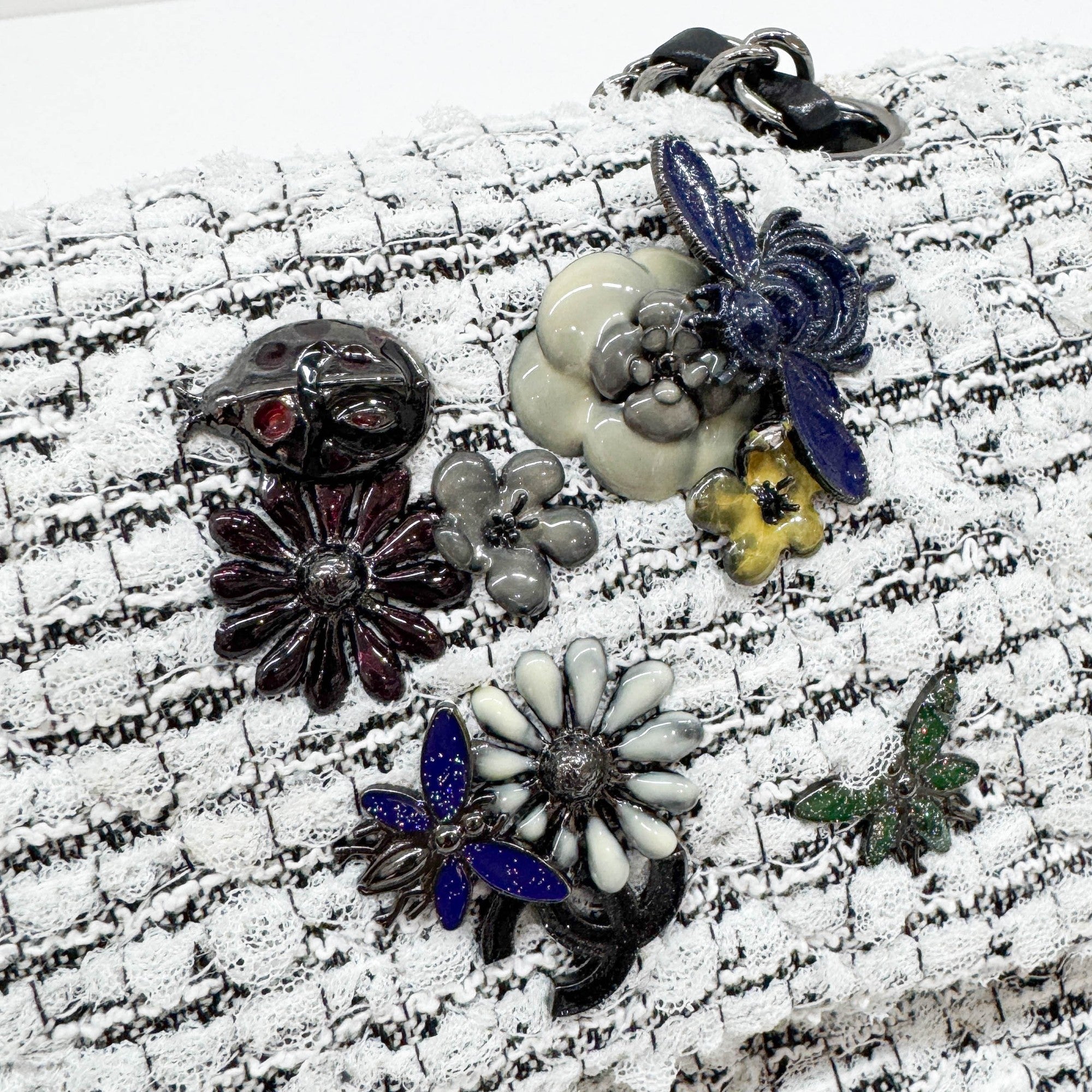 2.55 Double Flap Garden Decore White Tweed Shoulder Bag