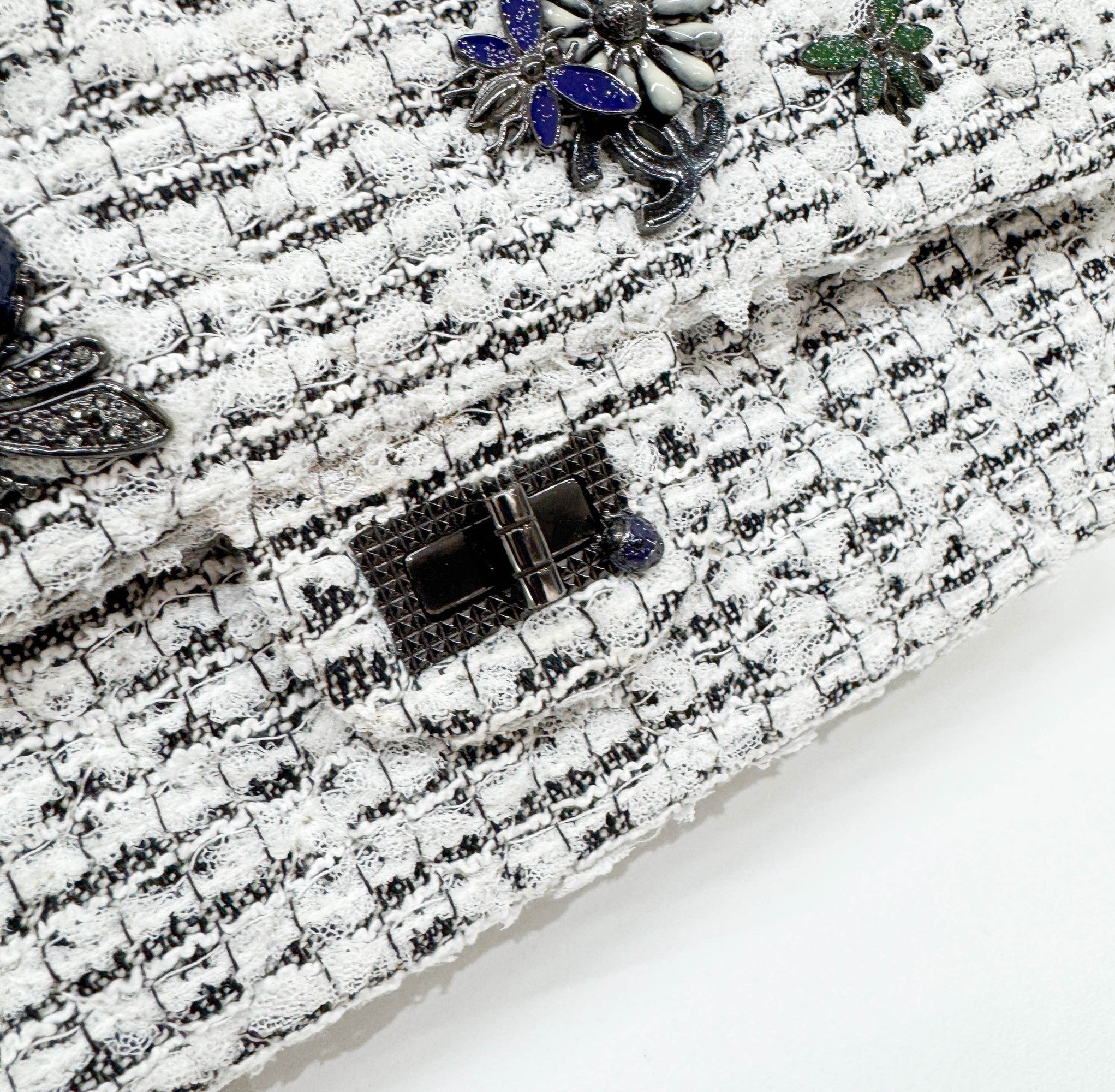 2.55 Double Flap Garden Decore White Tweed Shoulder Bag