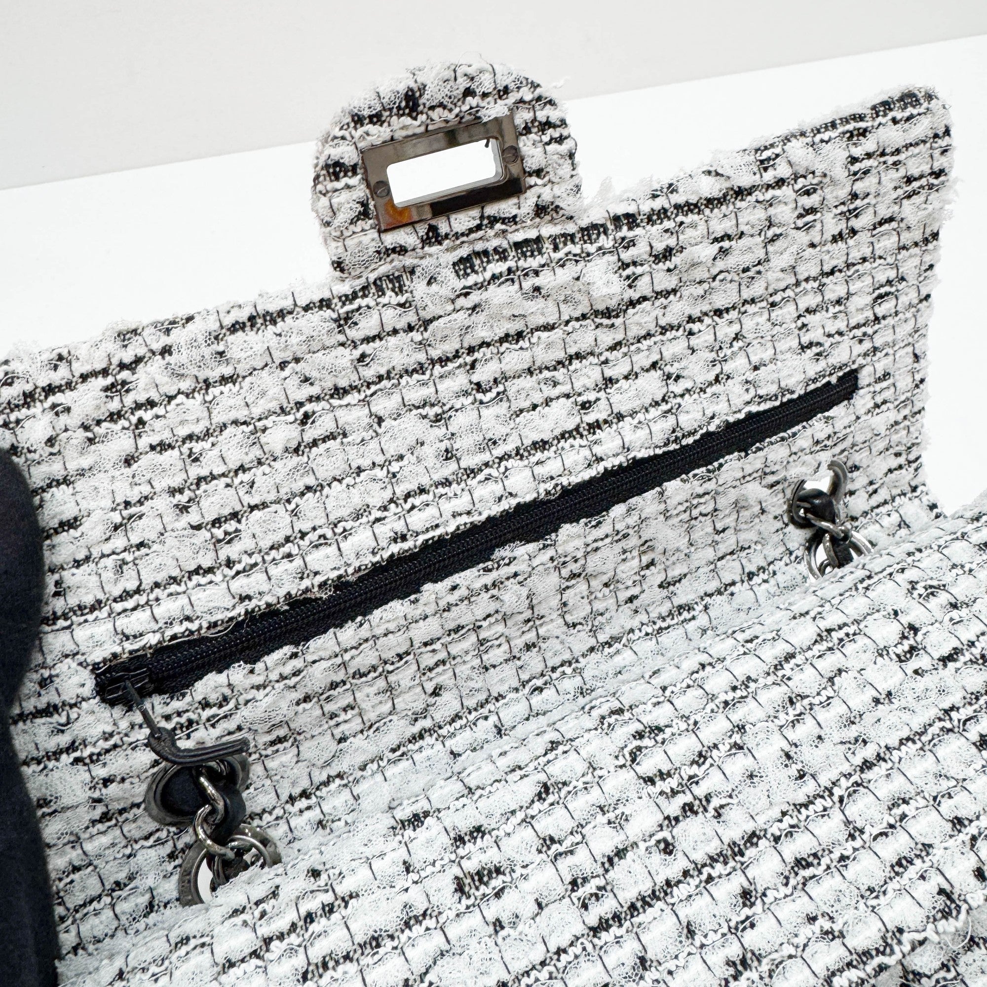 2.55 Double Flap Garden Decore White Tweed Shoulder Bag