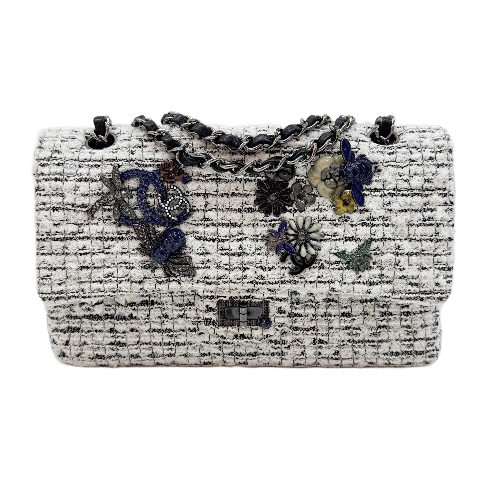 2.55 Double Flap Garden Decore White Tweed Shoulder Bag