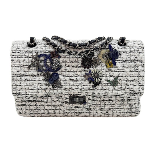 2.55 Double Flap Garden Decore White Tweed Shoulder Bag