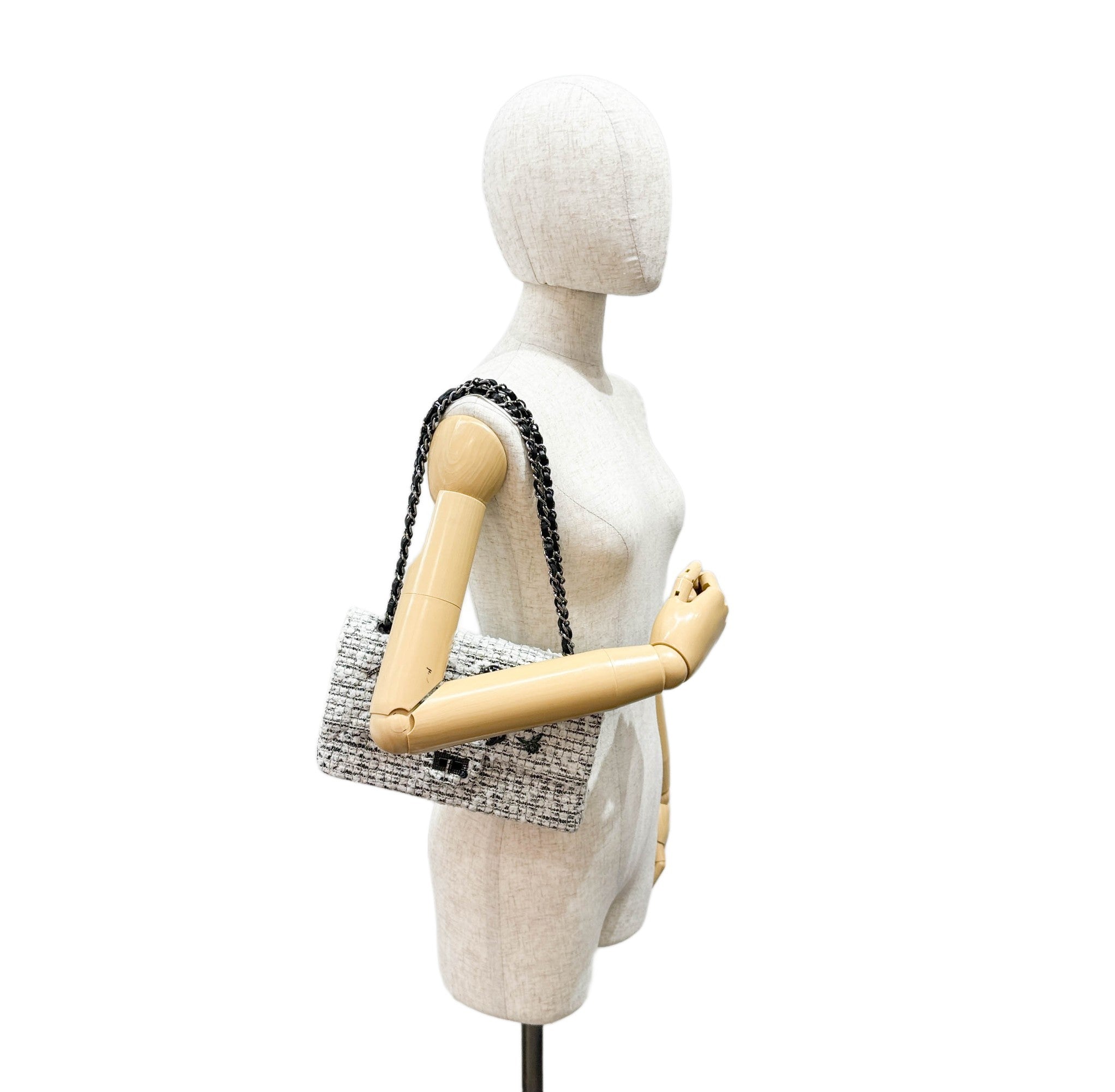 2.55 Double Flap Garden Decore White Tweed Shoulder Bag