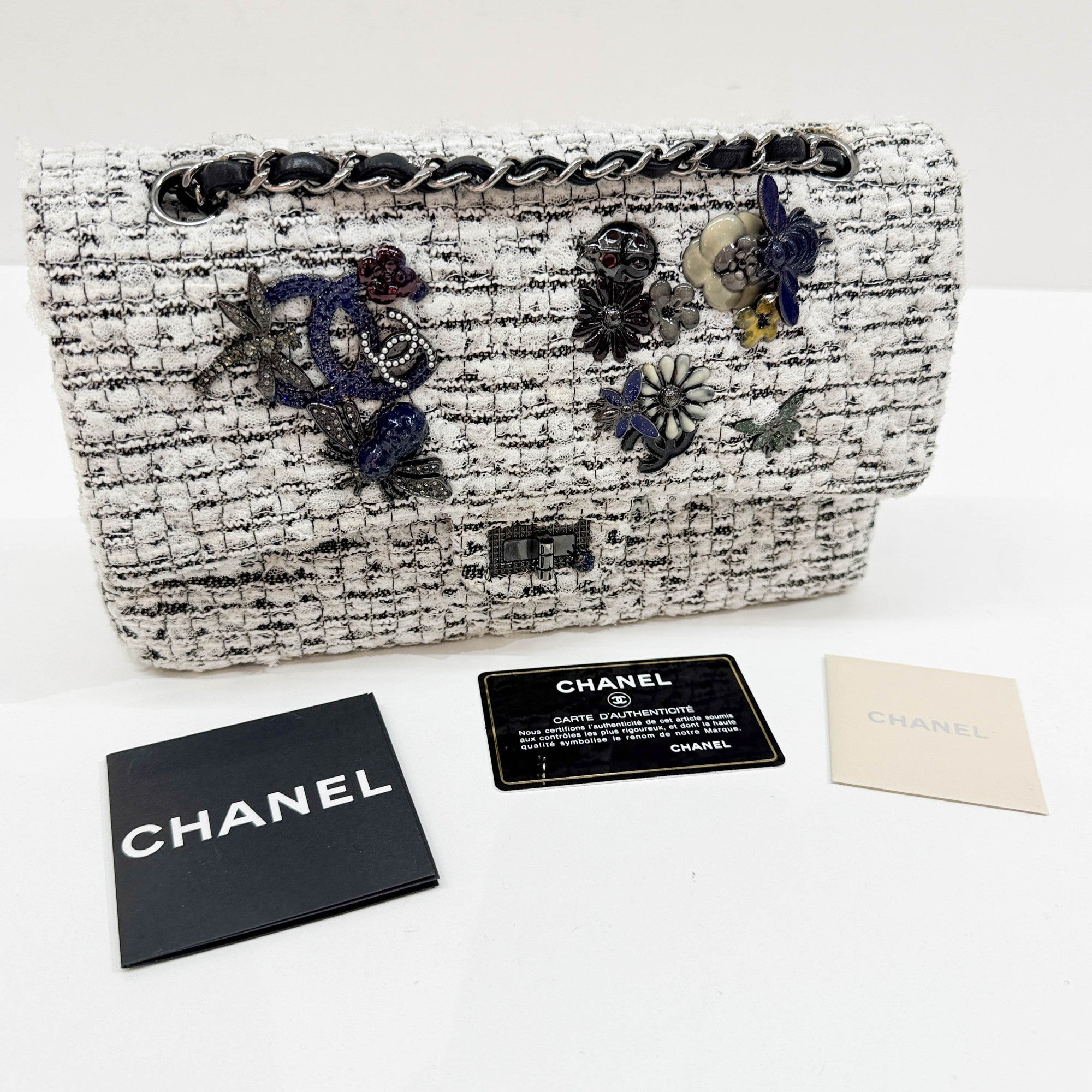 2.55 Double Flap Garden Decore White Tweed Shoulder Bag