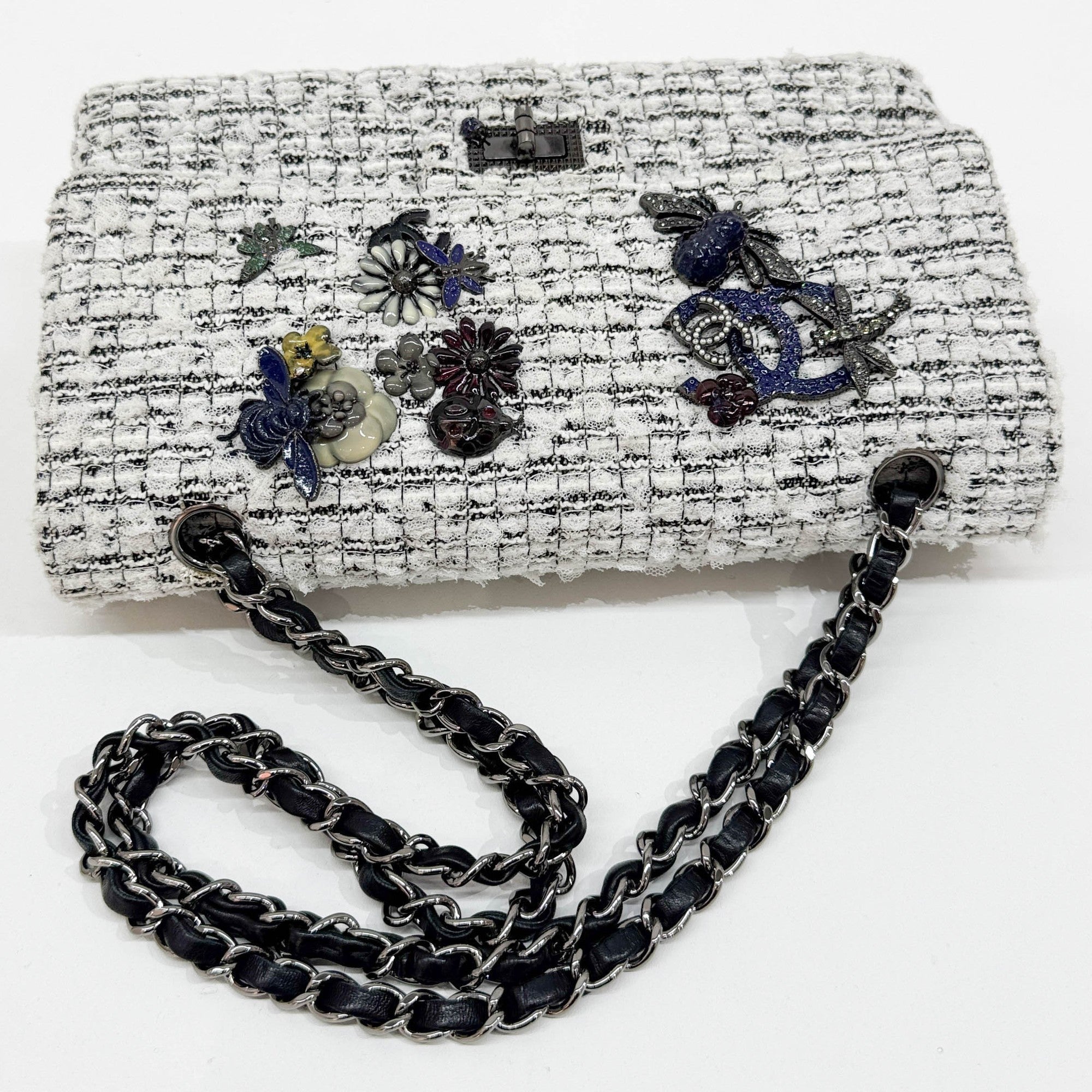 2.55 Double Flap Garden Decore White Tweed Shoulder Bag