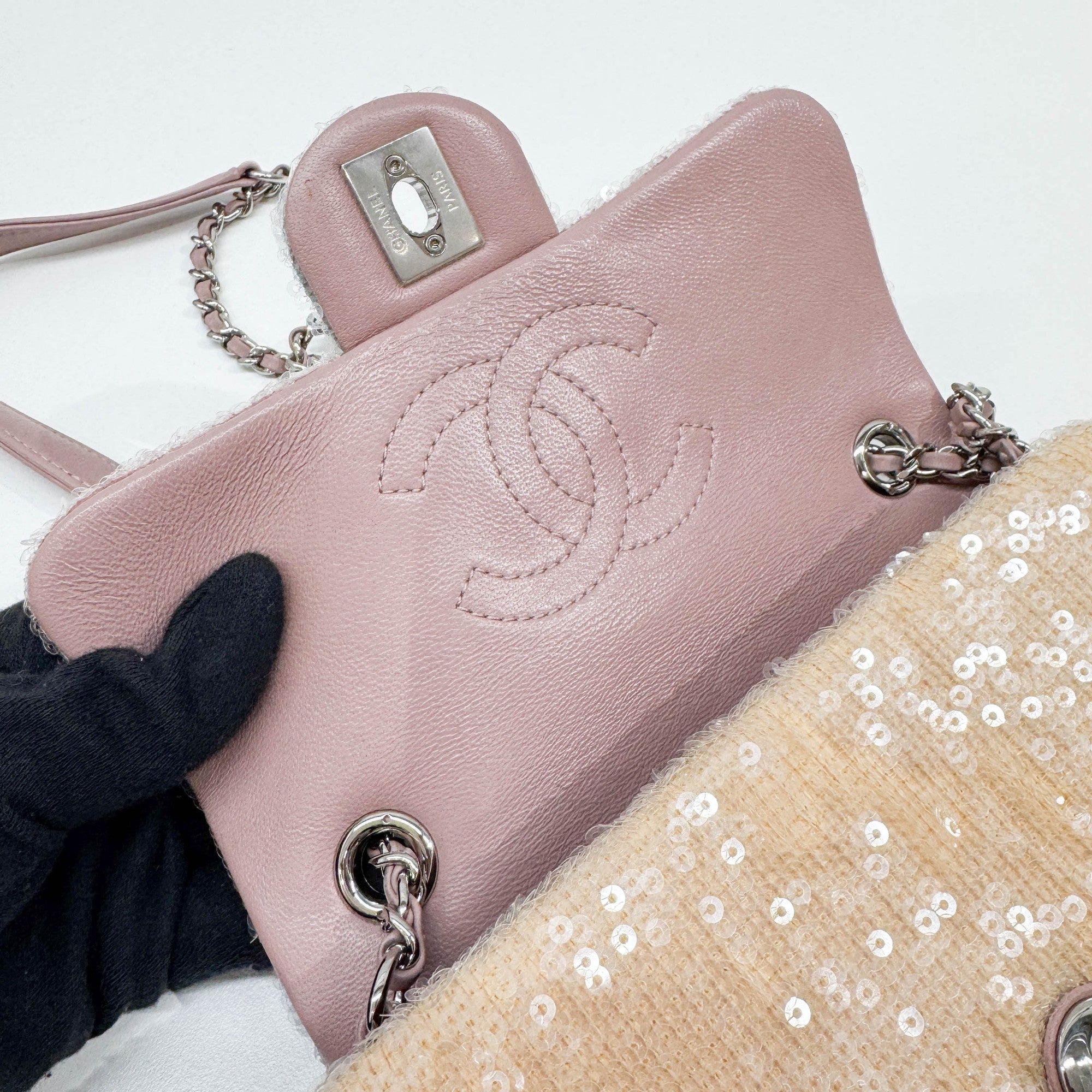 Mini Classic Flap Waterfall Pink Sequin Shoulder Bag