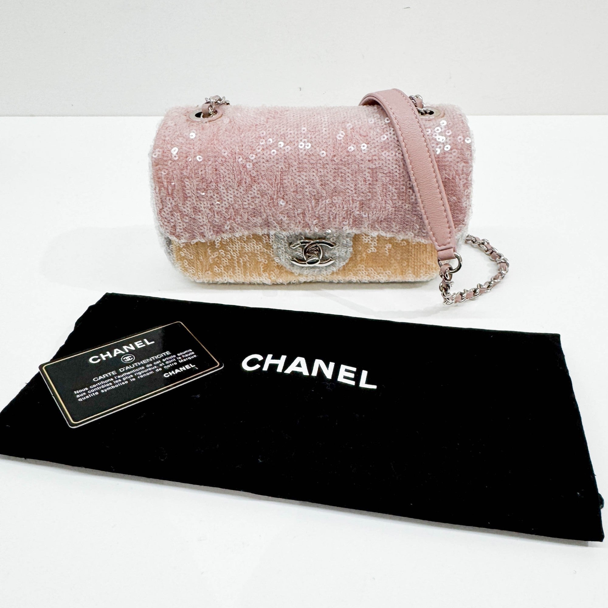 Mini Classic Flap Waterfall Pink Sequin Shoulder Bag