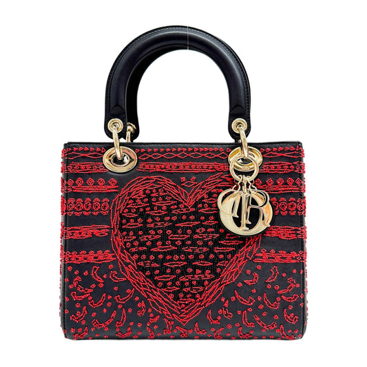 Lady Dior Embroided Playing Cards Black Leather Two Way Bag
