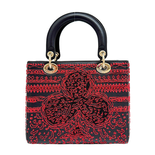 Lady Dior Embroided Playing Cards Black Leather Two Way Bag