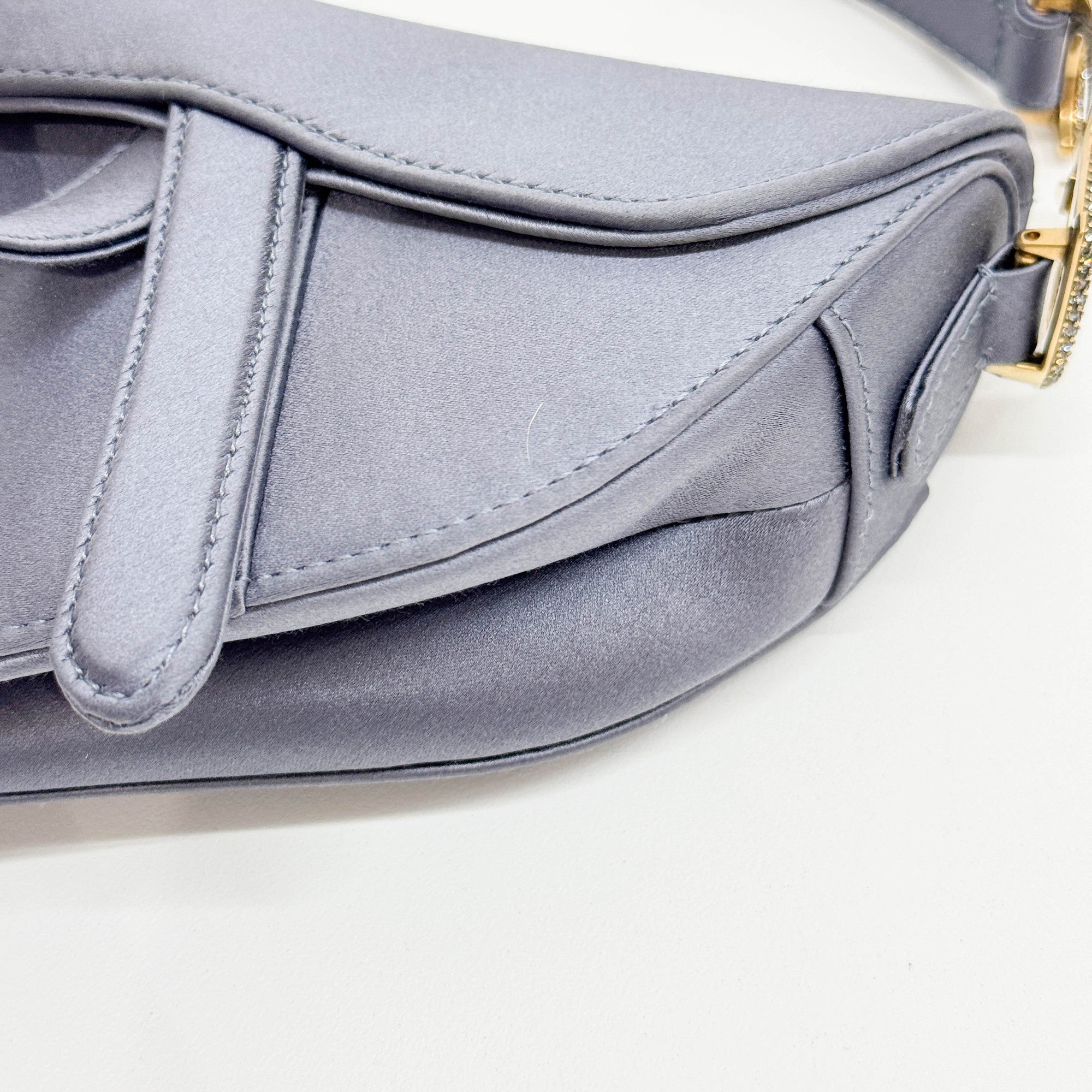 Mini Saddle Crystal Embellished Dusty Blue Satin Shoulder Bag
