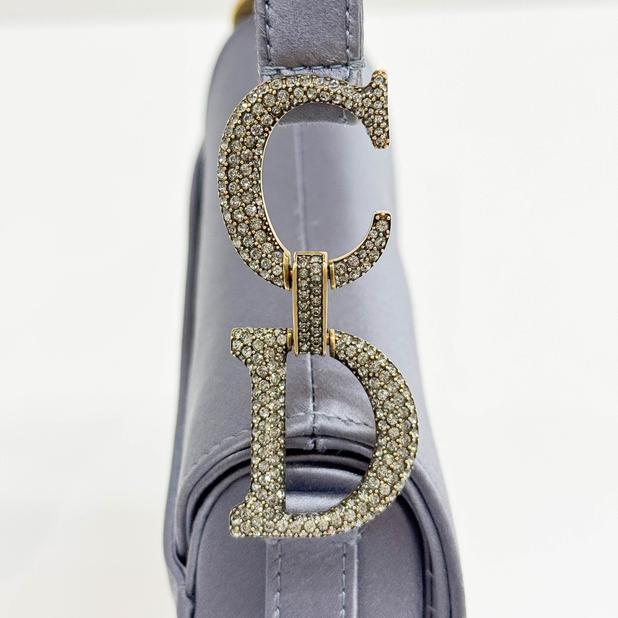 Mini Saddle Crystal Embellished Dusty Blue Satin Shoulder Bag