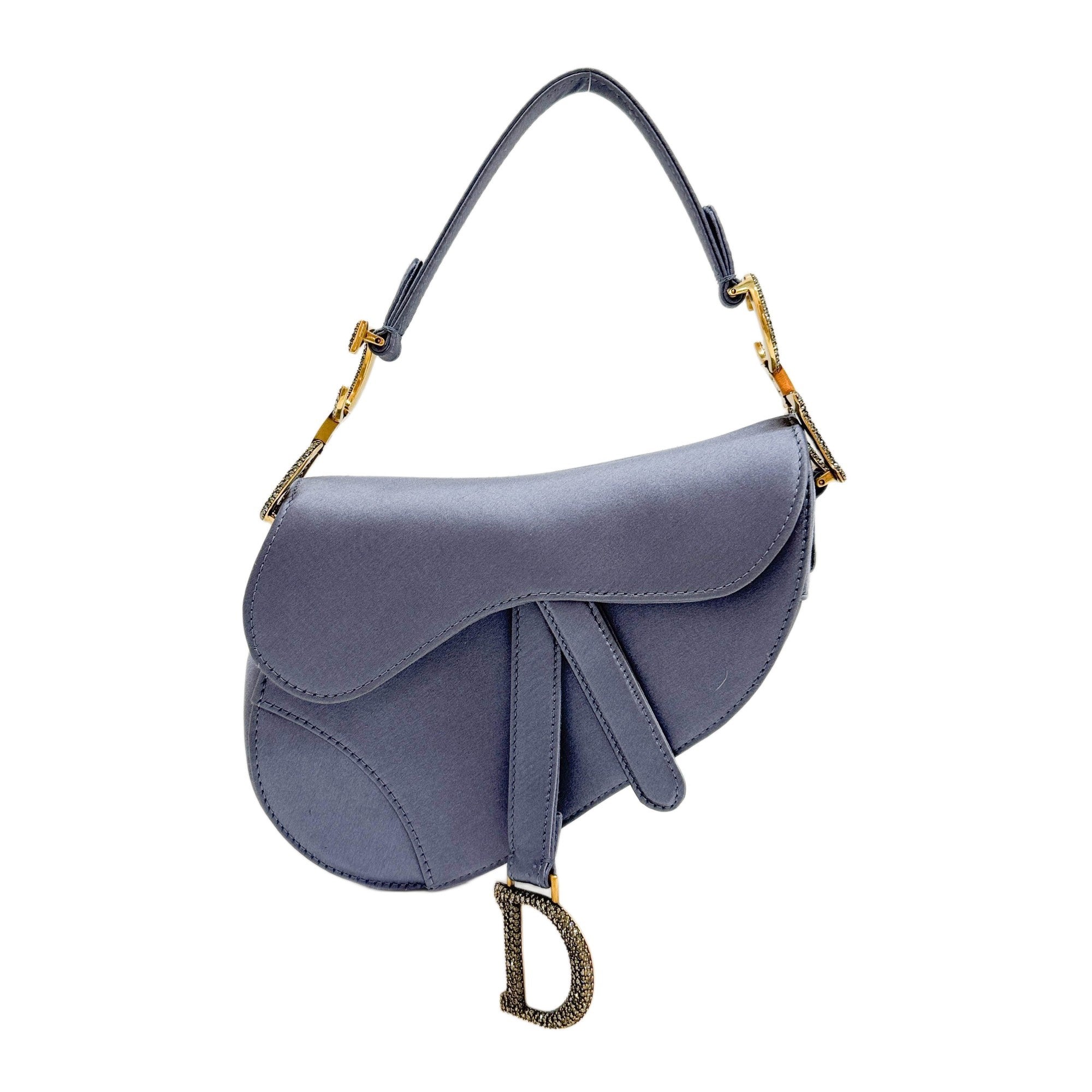 Mini Saddle Crystal Embellished Dusty Blue Satin Shoulder Bag