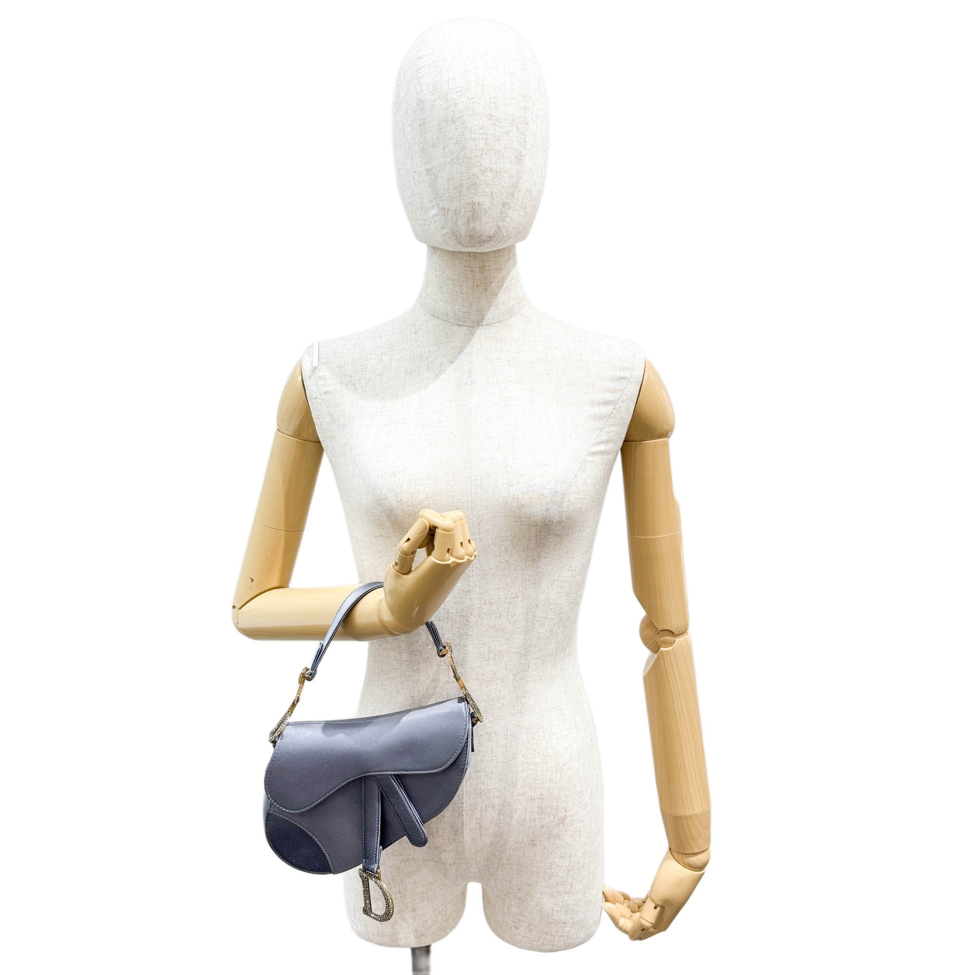 Mini Saddle Crystal Embellished Dusty Blue Satin Shoulder Bag