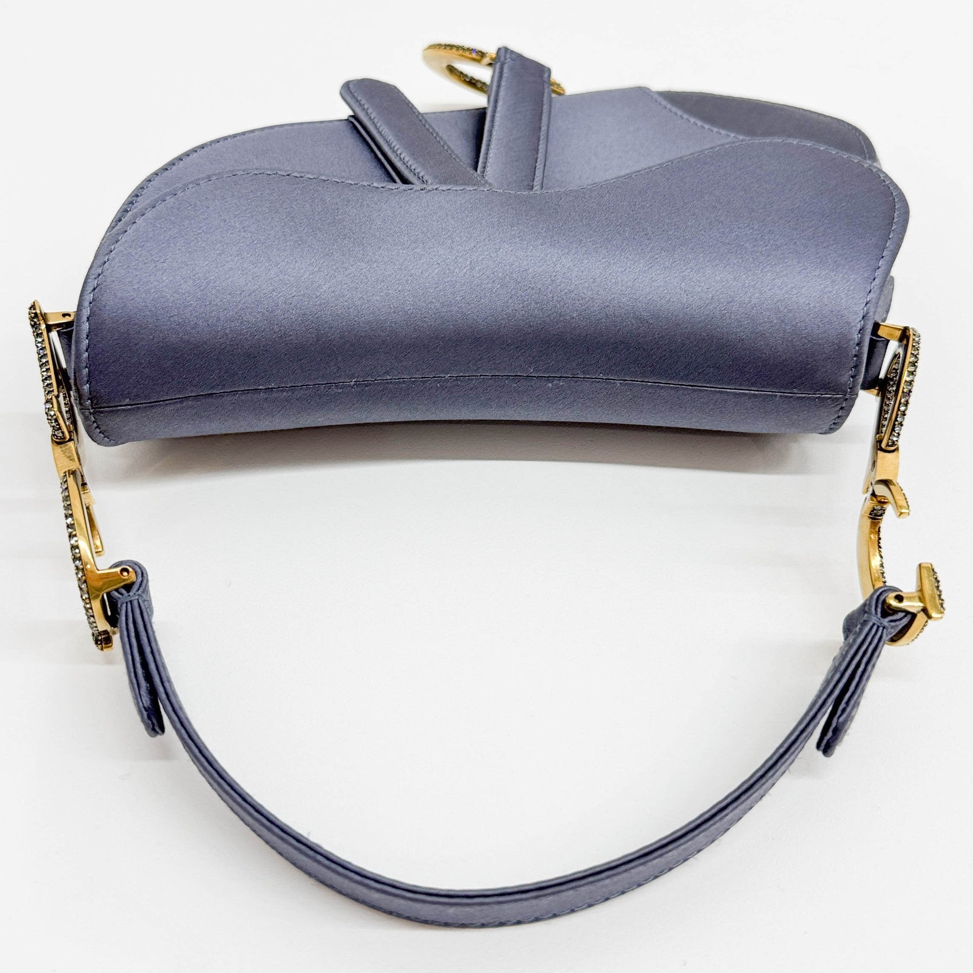 Mini Saddle Crystal Embellished Dusty Blue Satin Shoulder Bag