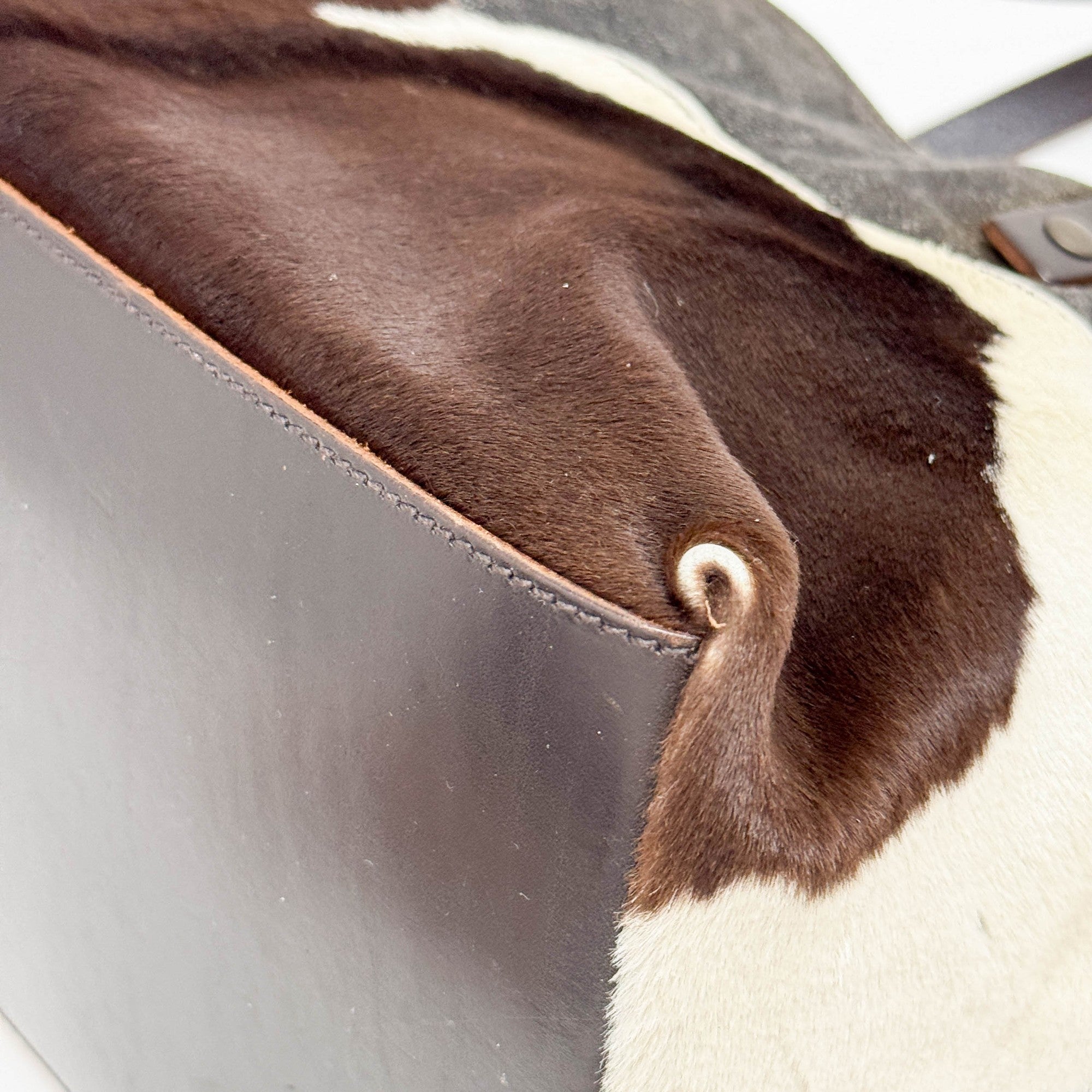 Denim Trim Brown Cow Print Pony Hair Tote Bag