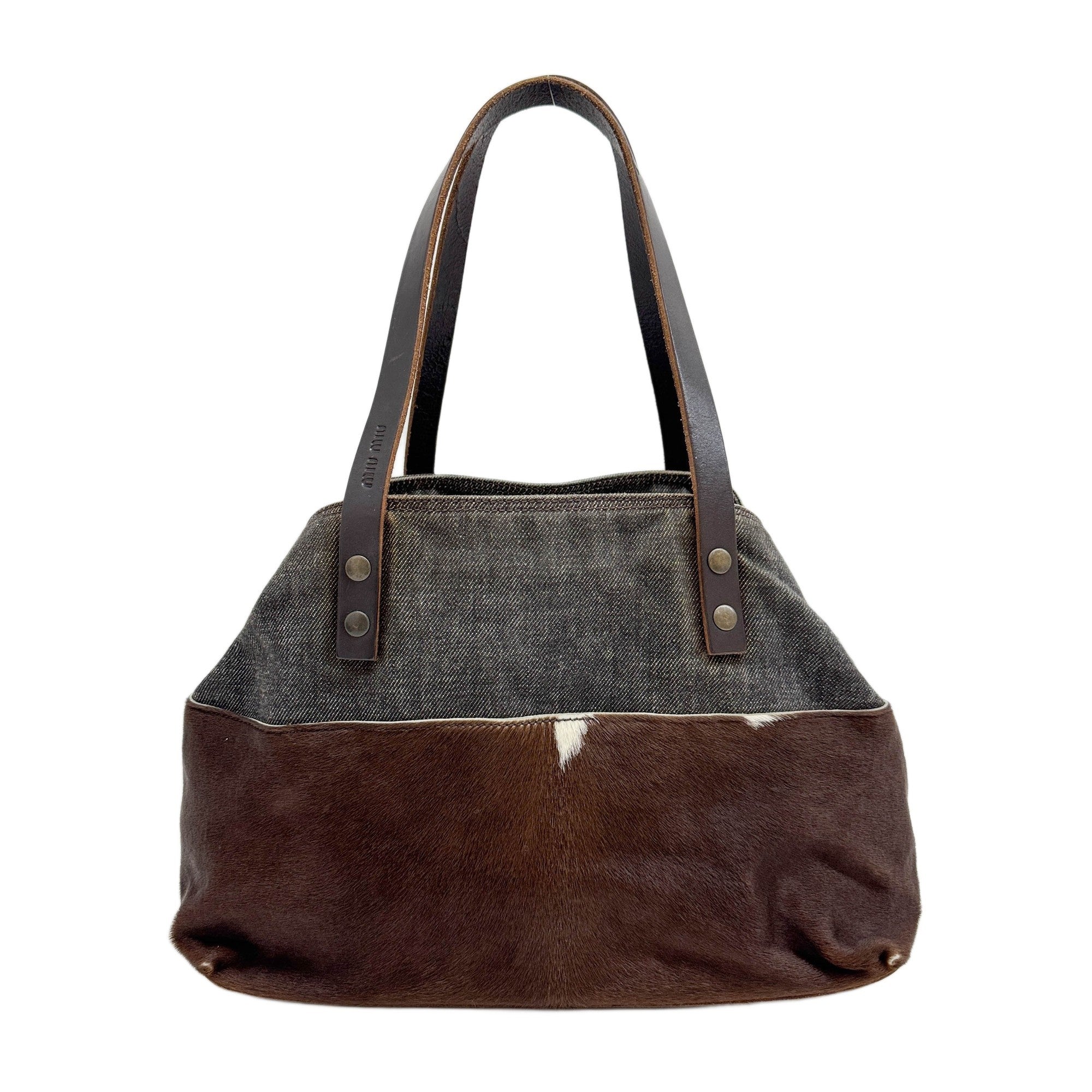 Denim Trim Brown Cow Print Pony Hair Tote Bag