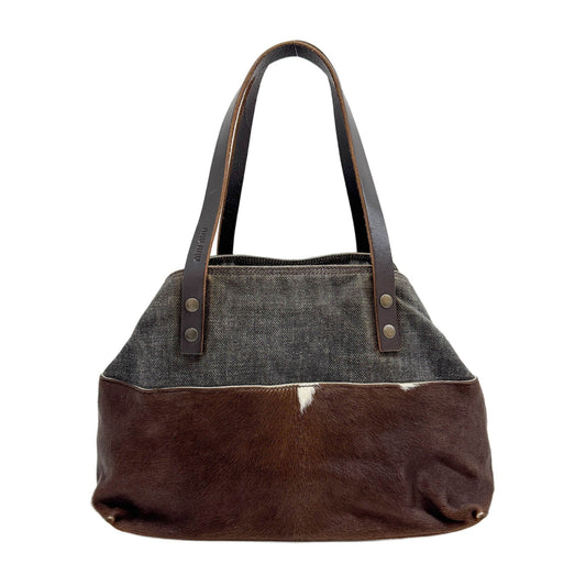Denim Trim Brown Cow Print Pony Hair Tote Bag
