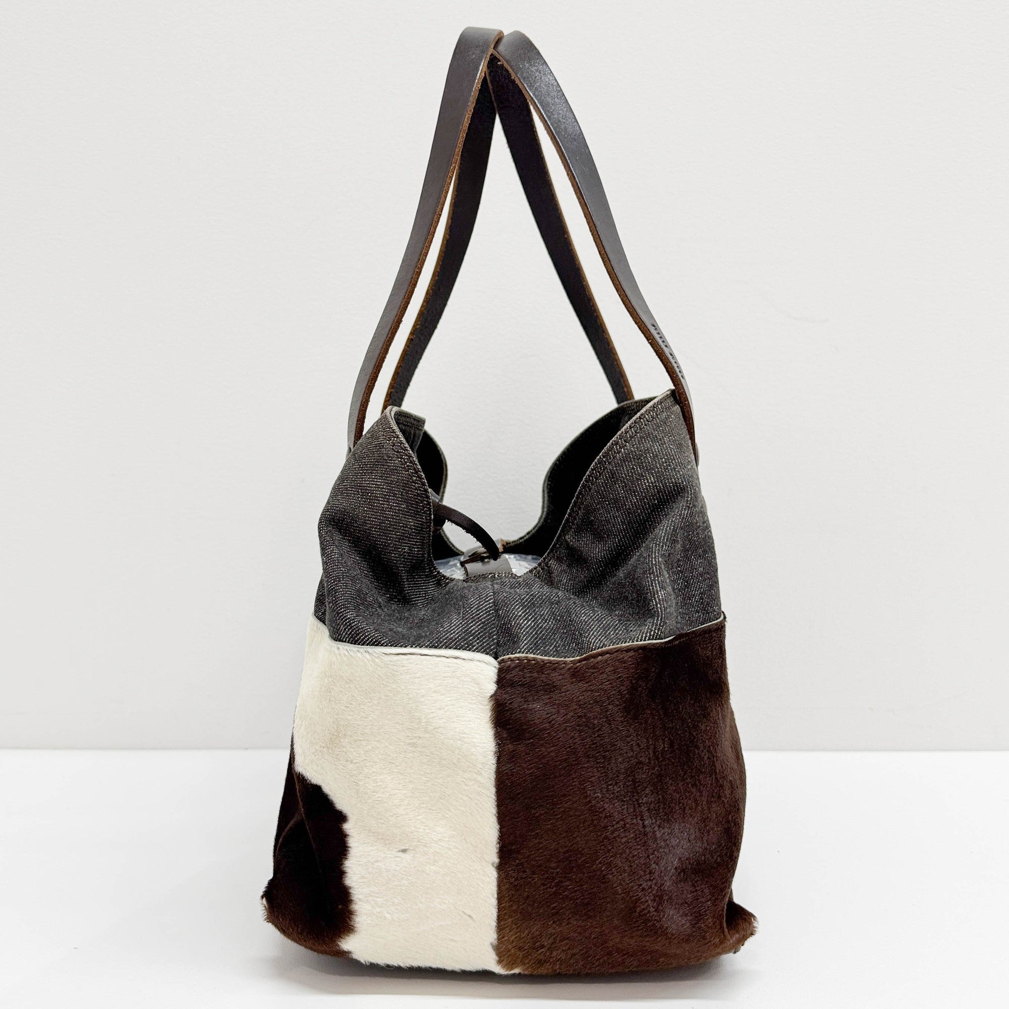 Denim Trim Brown Cow Print Pony Hair Tote Bag