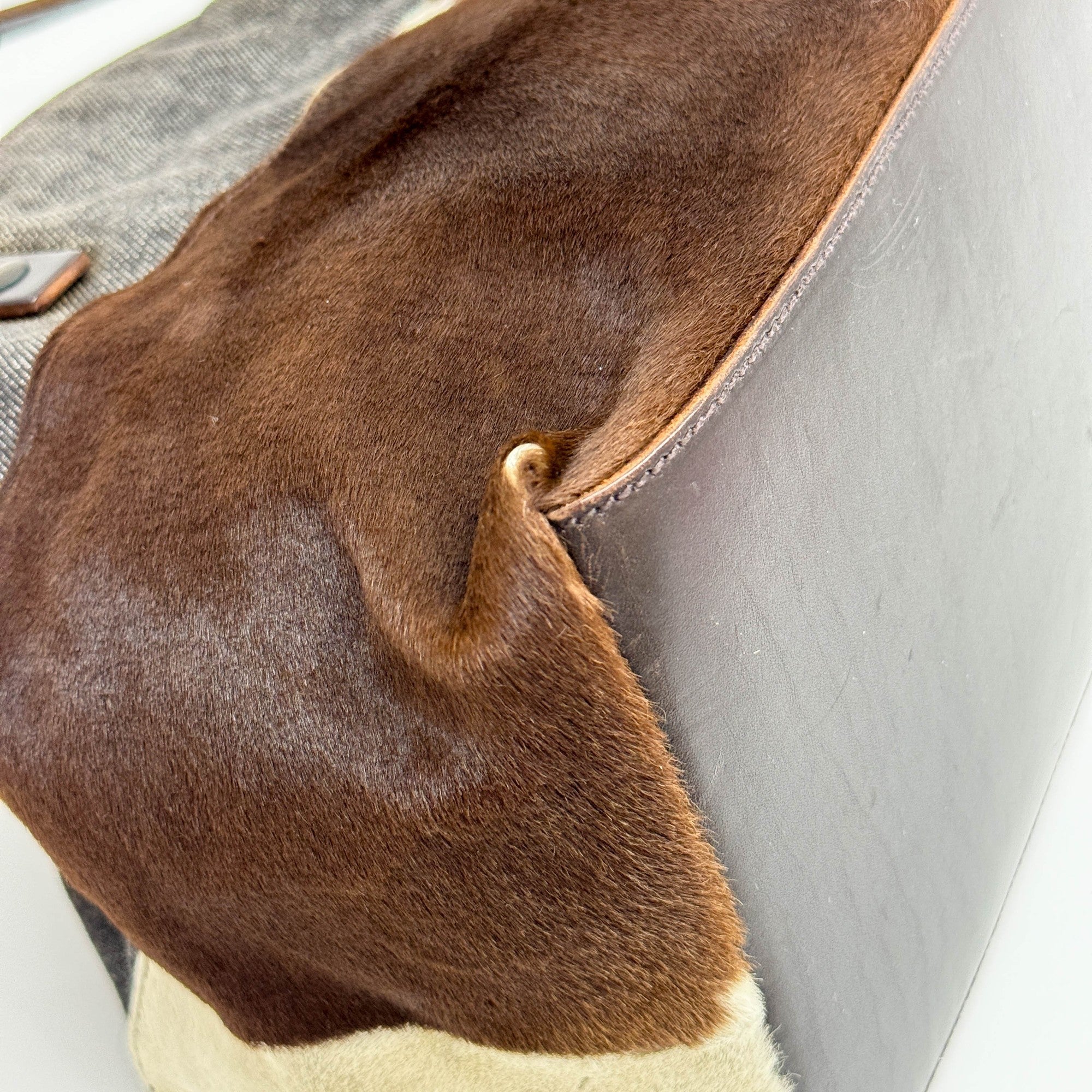 Denim Trim Brown Cow Print Pony Hair Tote Bag